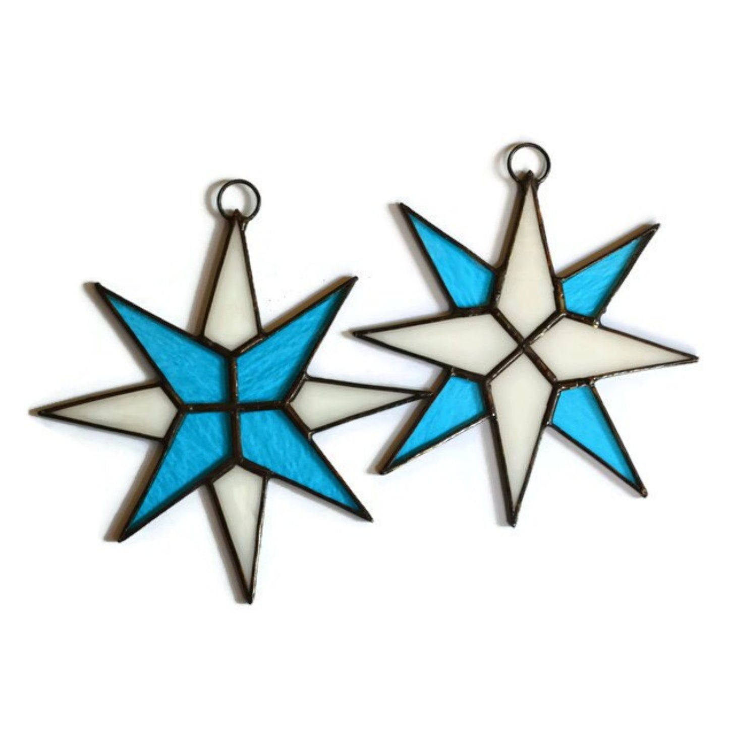 Christmas Star Stained Glass Ornaments Set of 2 Blue White