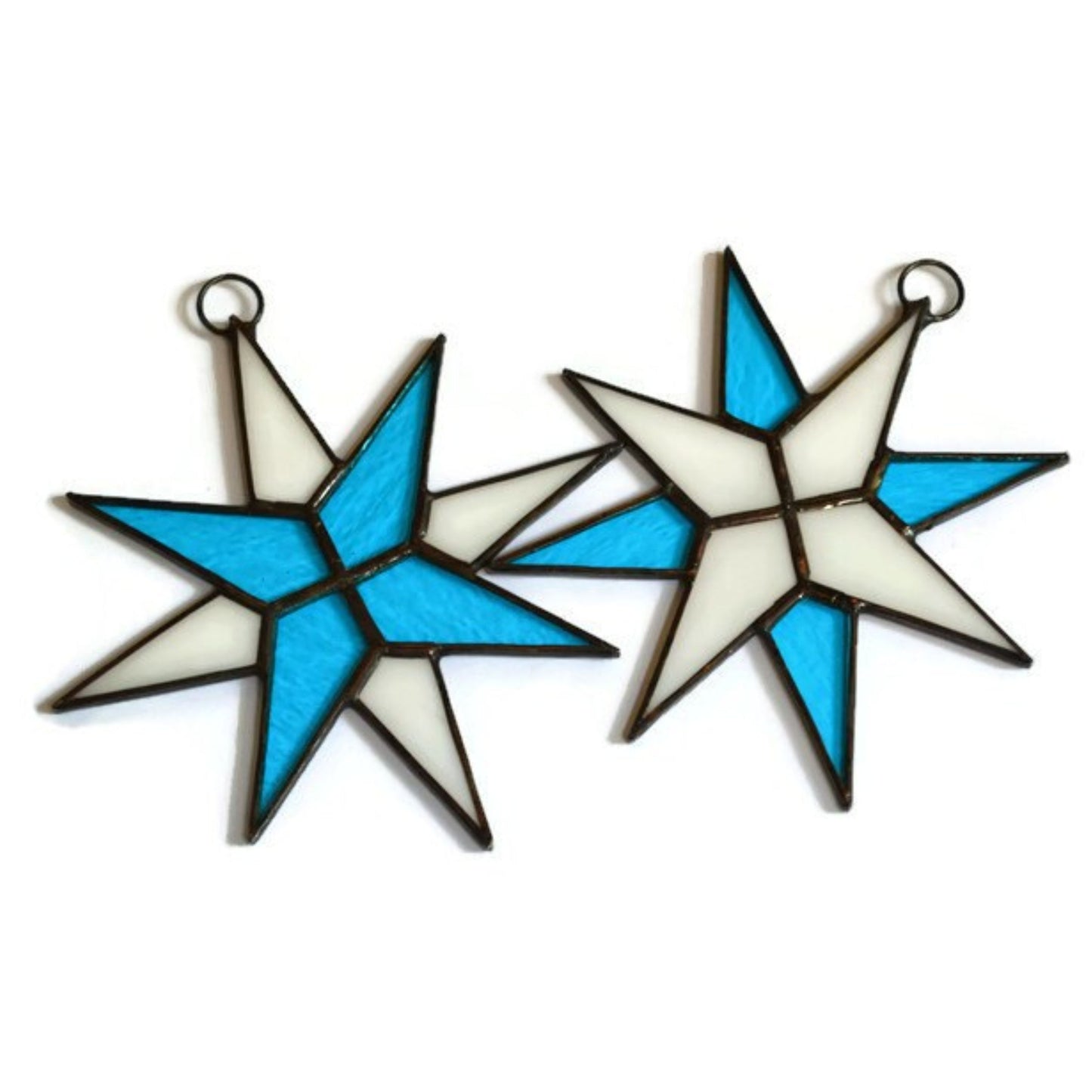 Christmas Star Stained Glass Ornaments Set of 2 Blue White