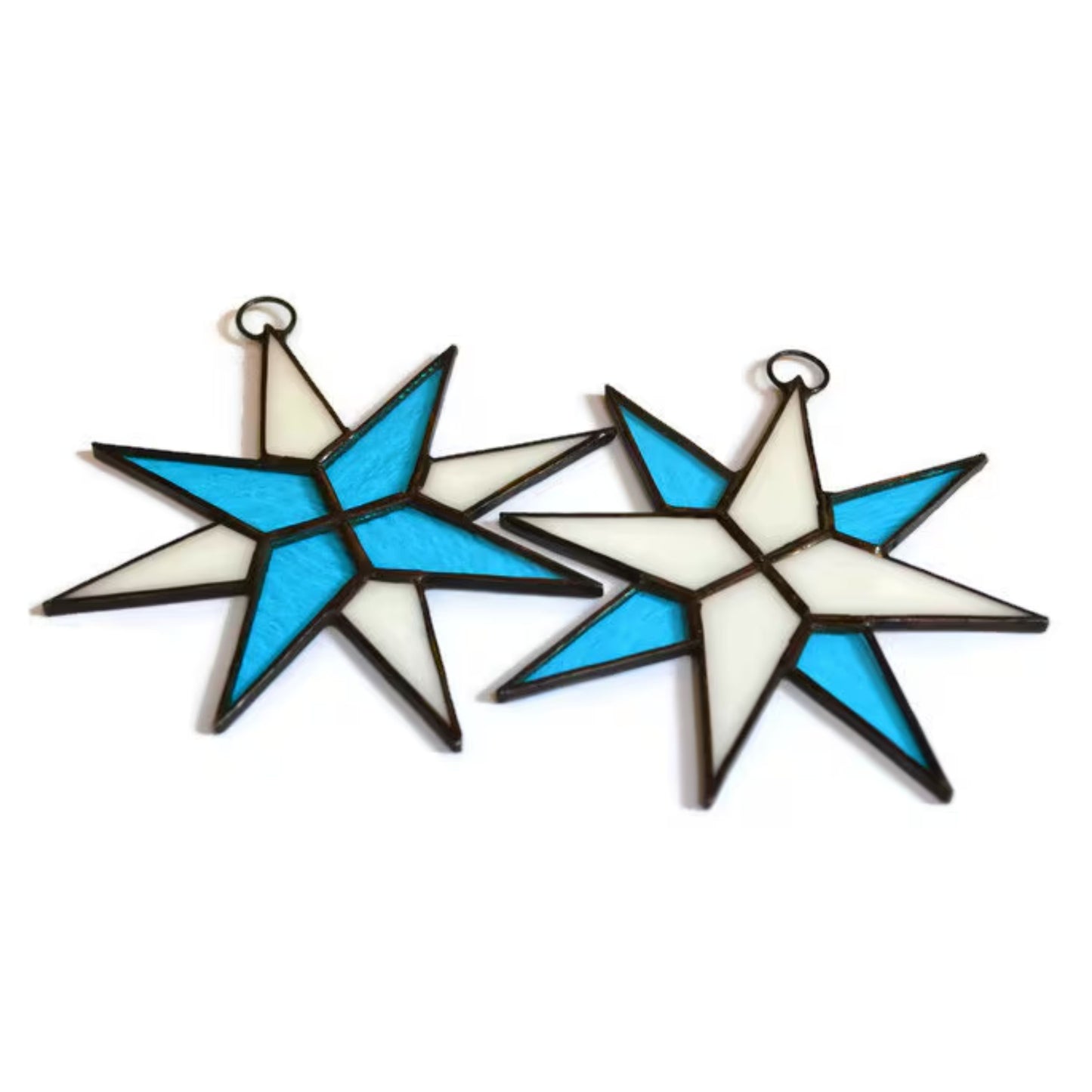 Christmas Star Stained Glass Ornaments Set of 2 Blue White