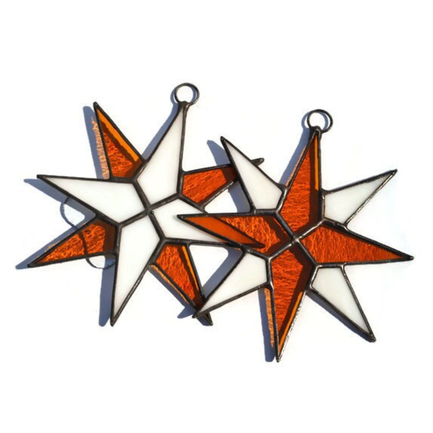 Christmas Star Stained Glass Ornaments Set of 2 Orange White