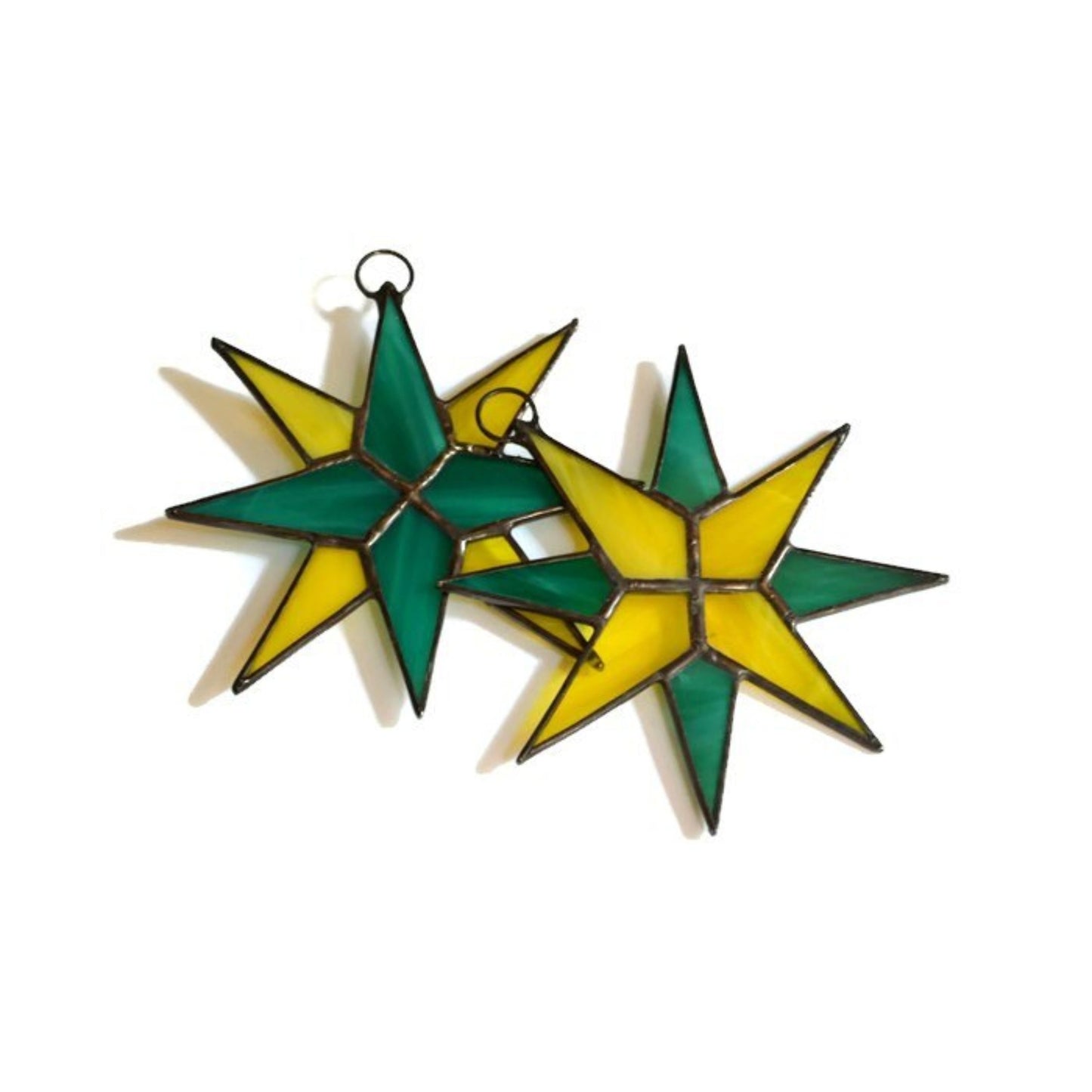 Christmas Star Stained Glass Ornaments Set of 2 Teal Green Yellow