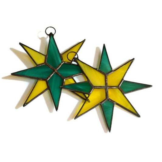 Christmas Star Stained Glass Ornaments Set of 2 Teal Green Yellow