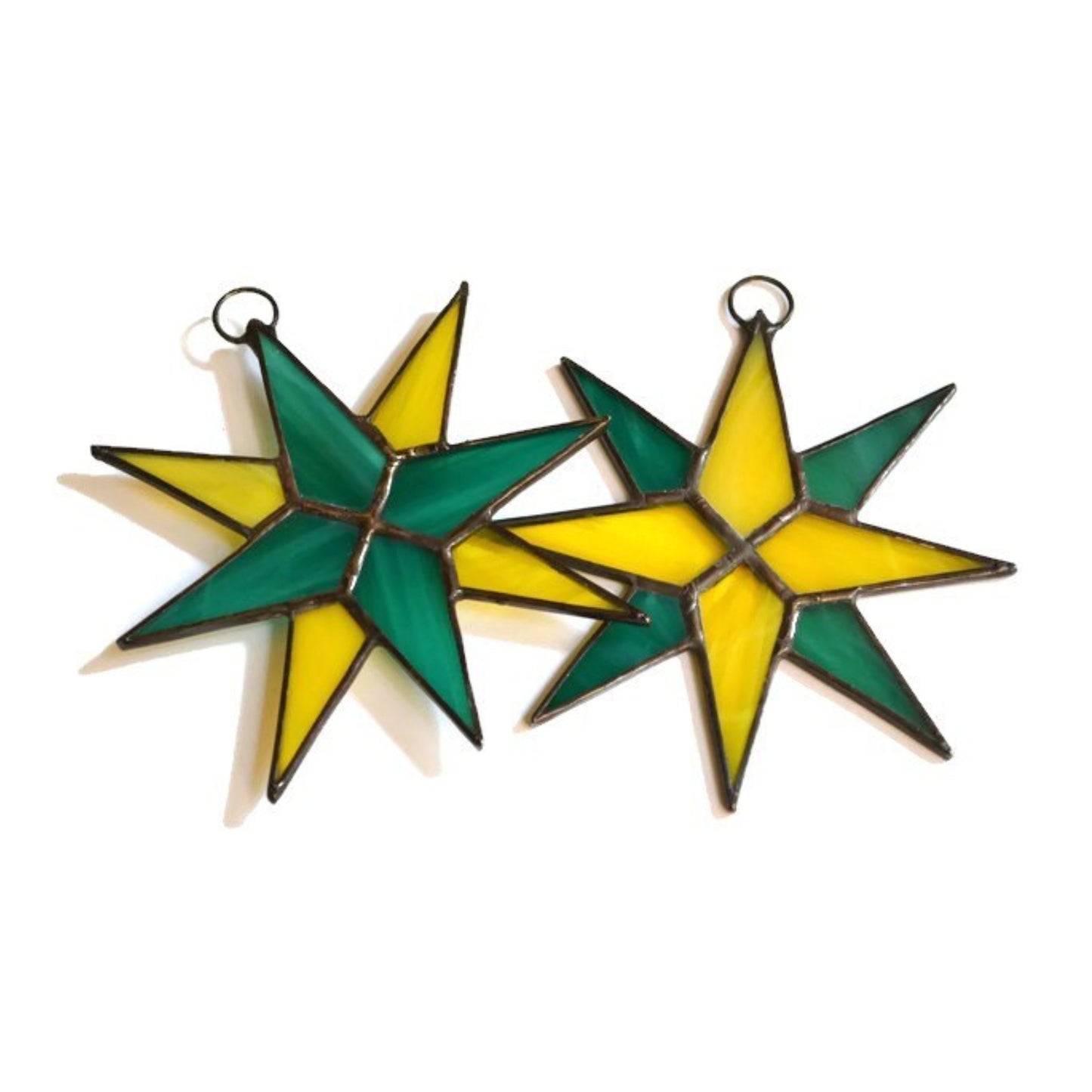 Christmas Star Stained Glass Ornaments Set of 2 Teal Green Yellow