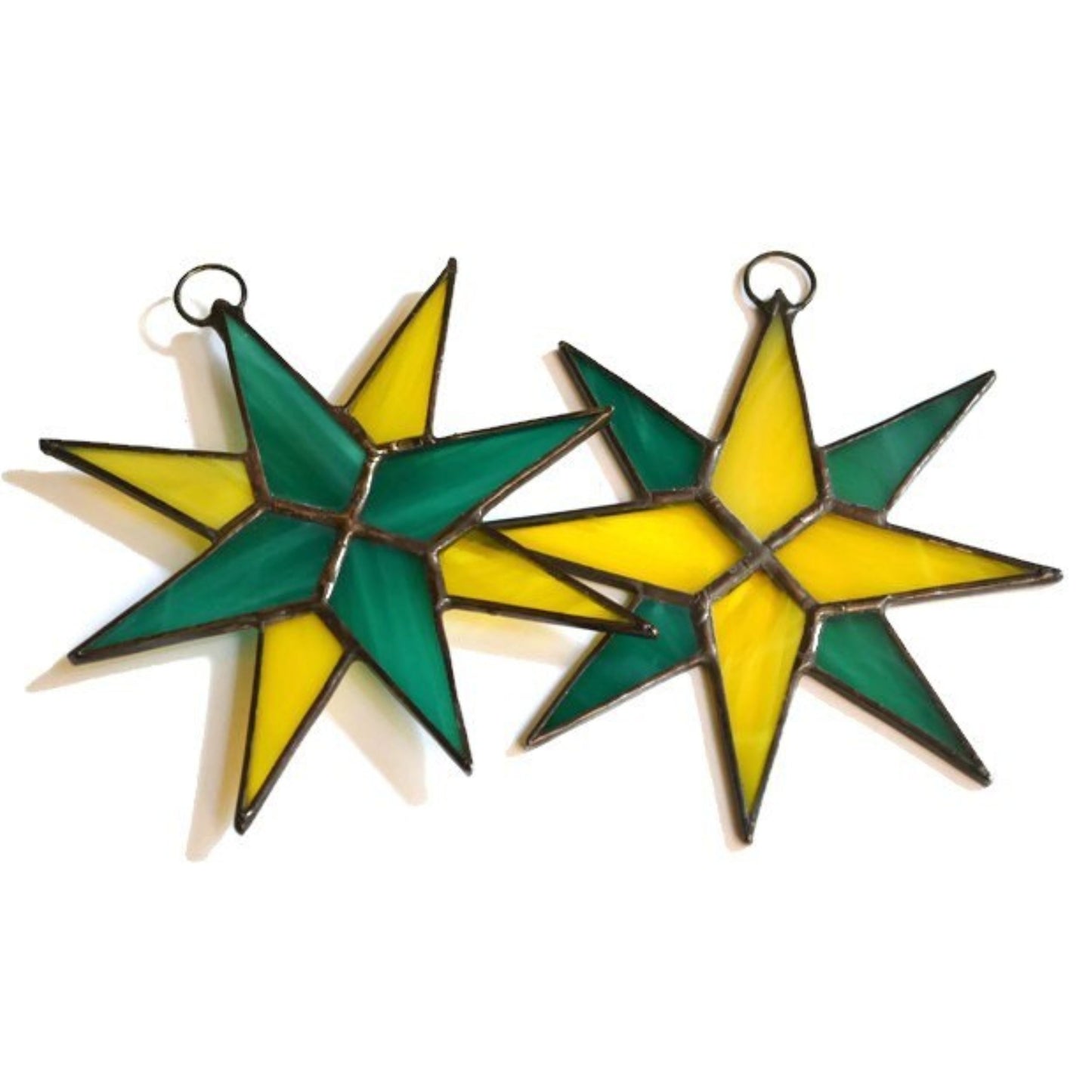 Christmas Star Stained Glass Ornaments Set of 2 Teal Green Yellow