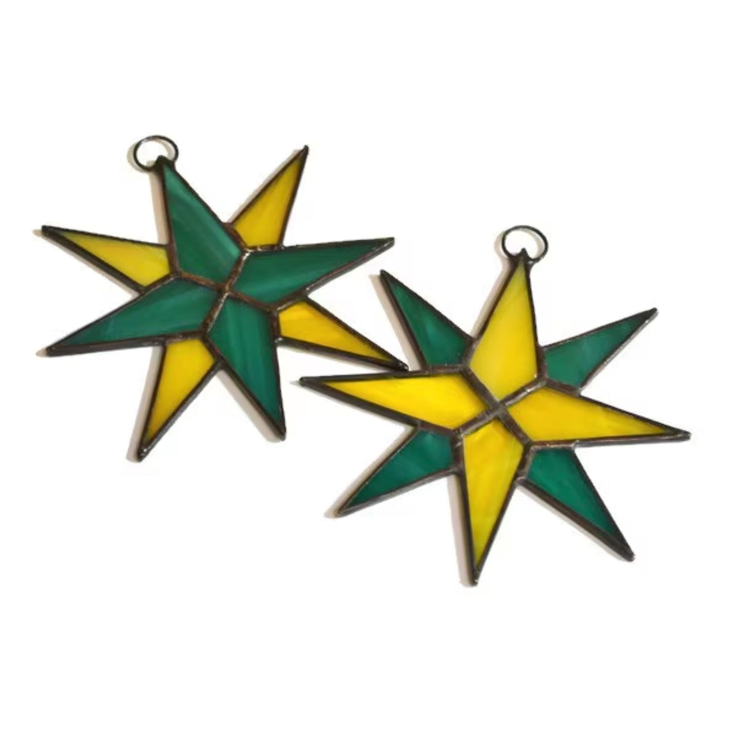 Christmas Star Stained Glass Ornaments Set of 2 Teal Green Yellow