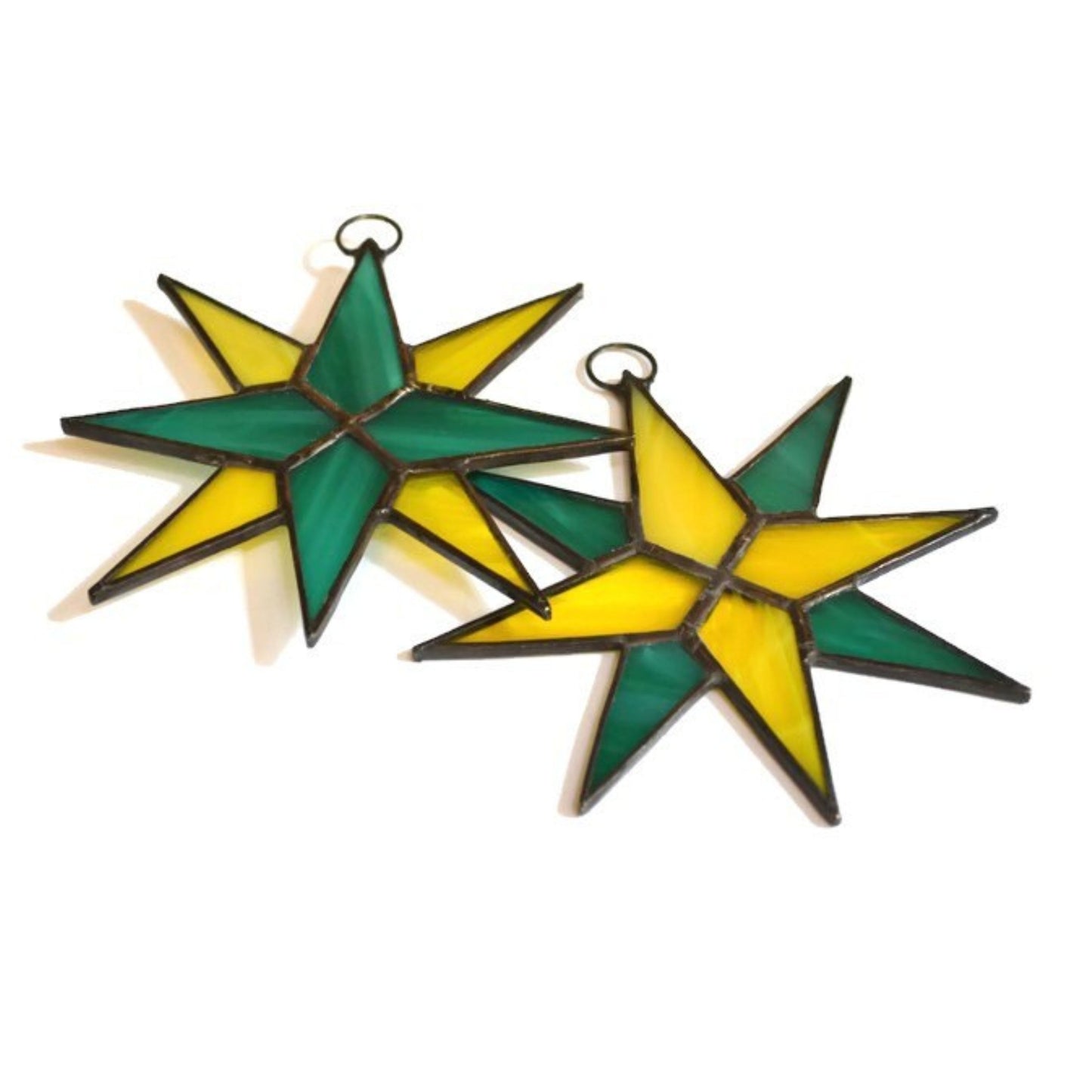 Christmas Star Stained Glass Ornaments Set of 2 Teal Green Yellow