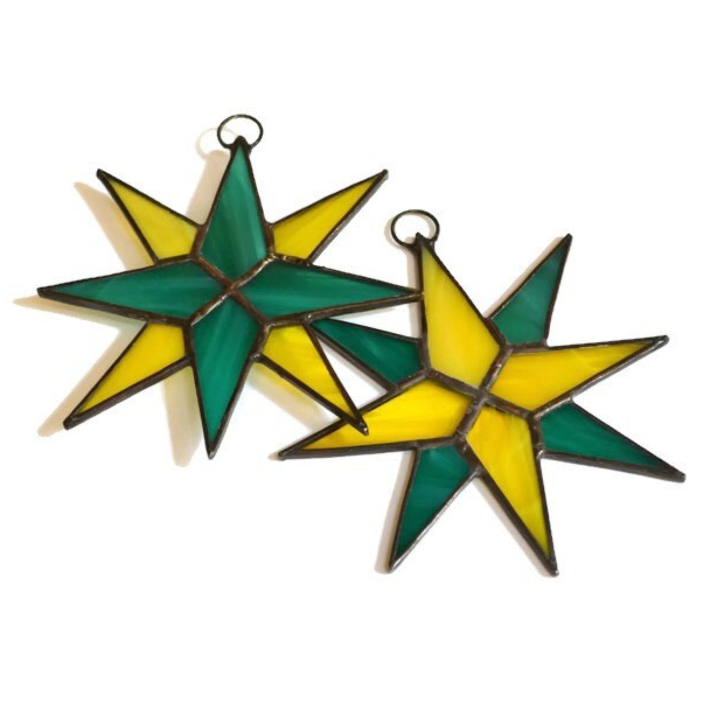 Christmas Star Stained Glass Ornaments Set of 2 Teal Green Yellow