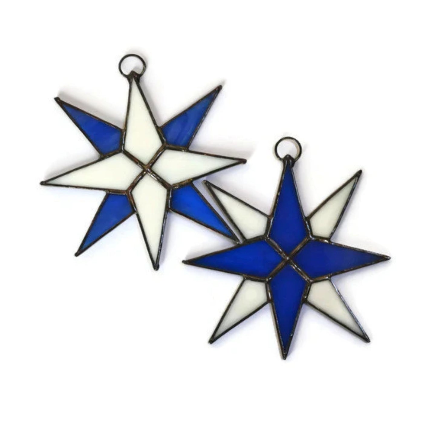 Christmas Star Stained Glass Ornaments Set of 2 Cobalt Blue White