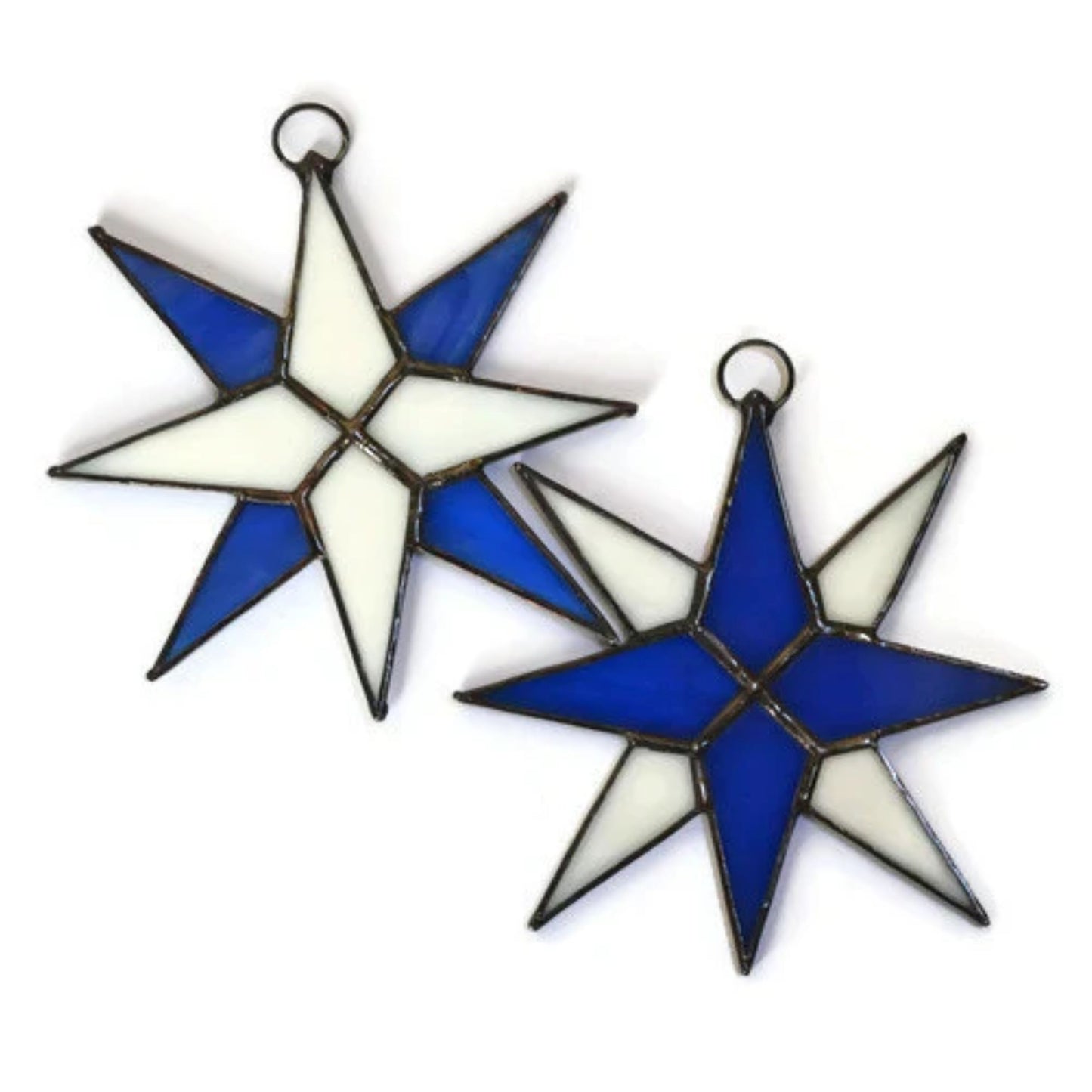 Christmas Star Stained Glass Ornaments Set of 2 Cobalt Blue White