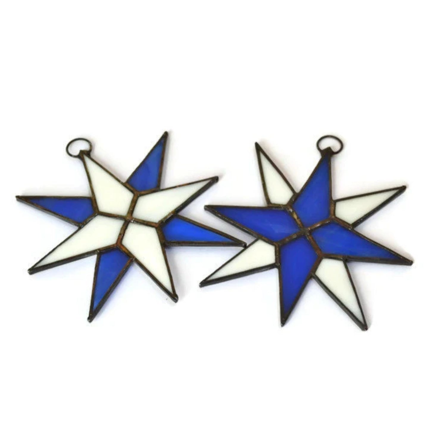 Christmas Star Stained Glass Ornaments Set of 2 Cobalt Blue White