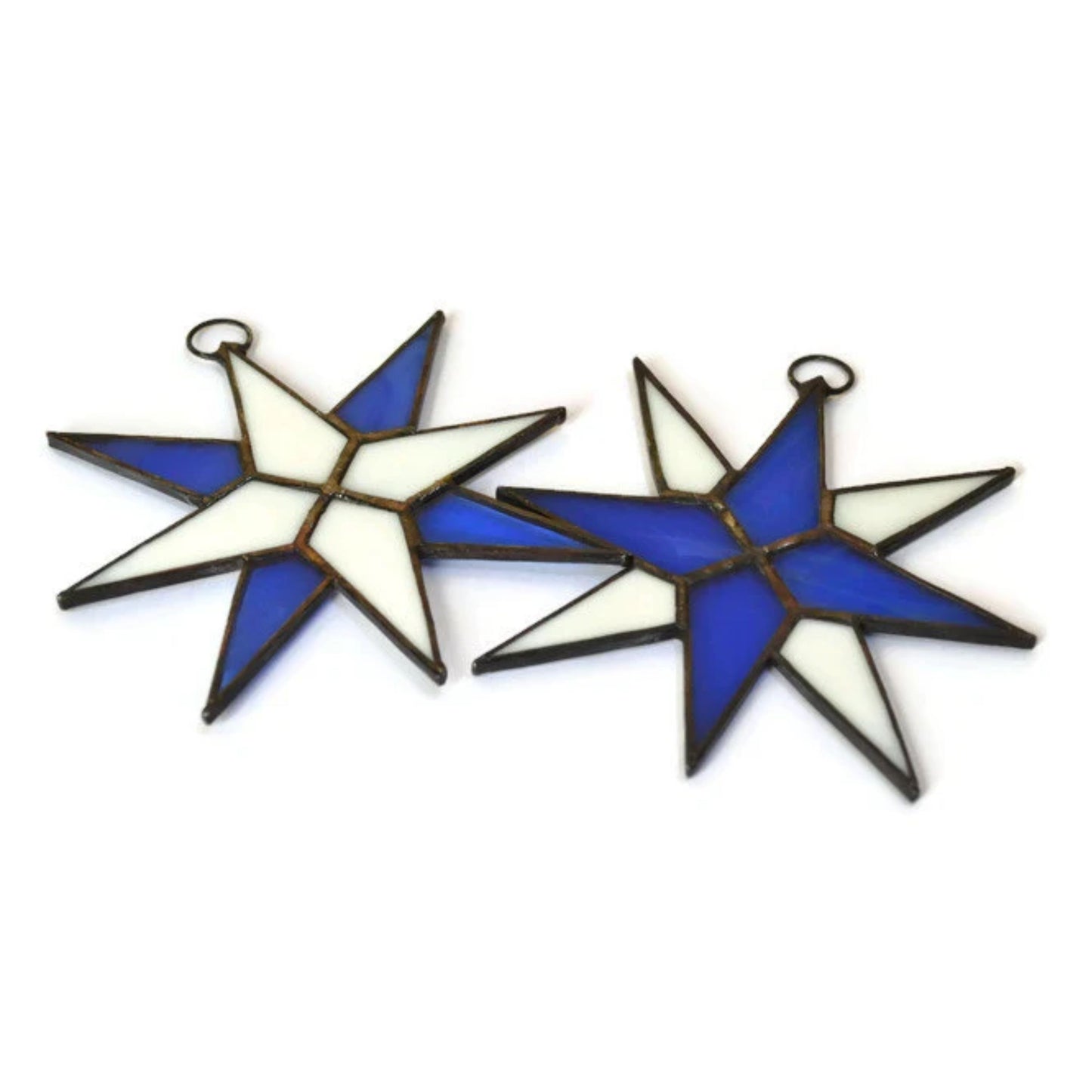 Christmas Star Stained Glass Ornaments Set of 2 Cobalt Blue White