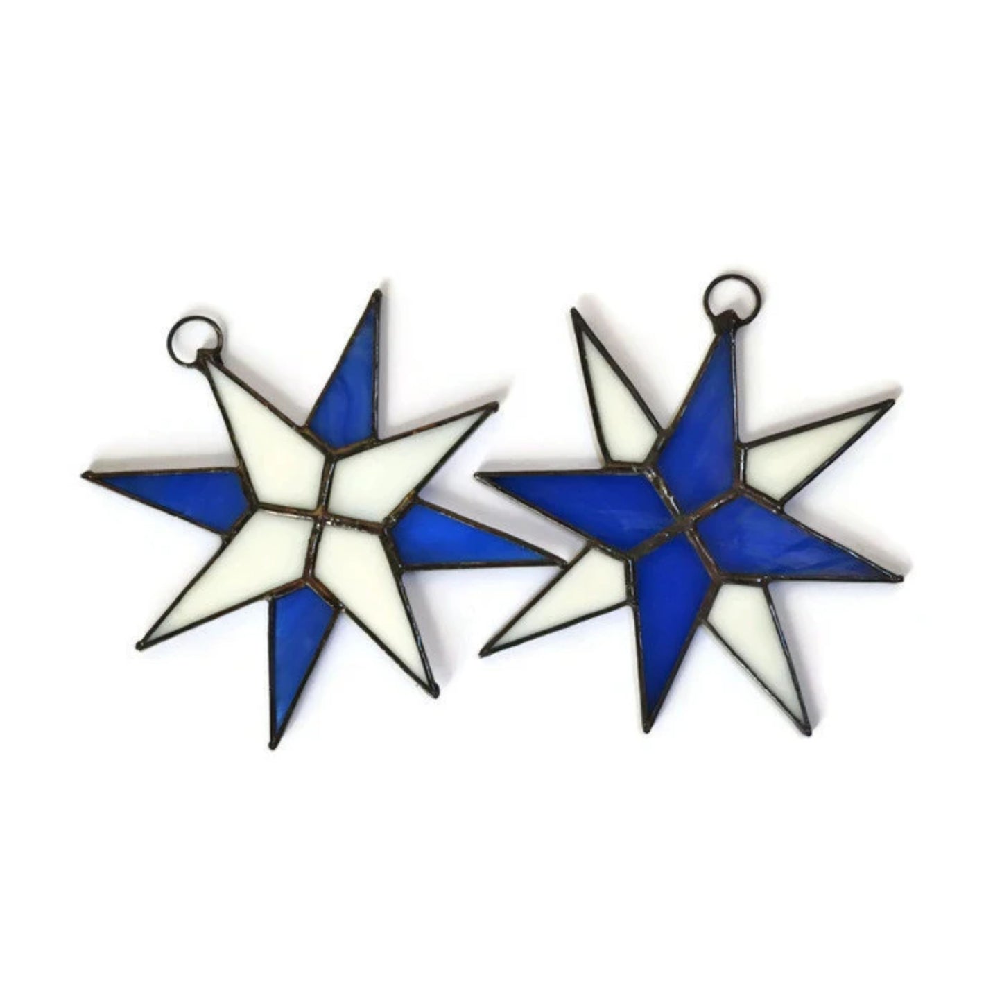 Christmas Star Stained Glass Ornaments Set of 2 Cobalt Blue White