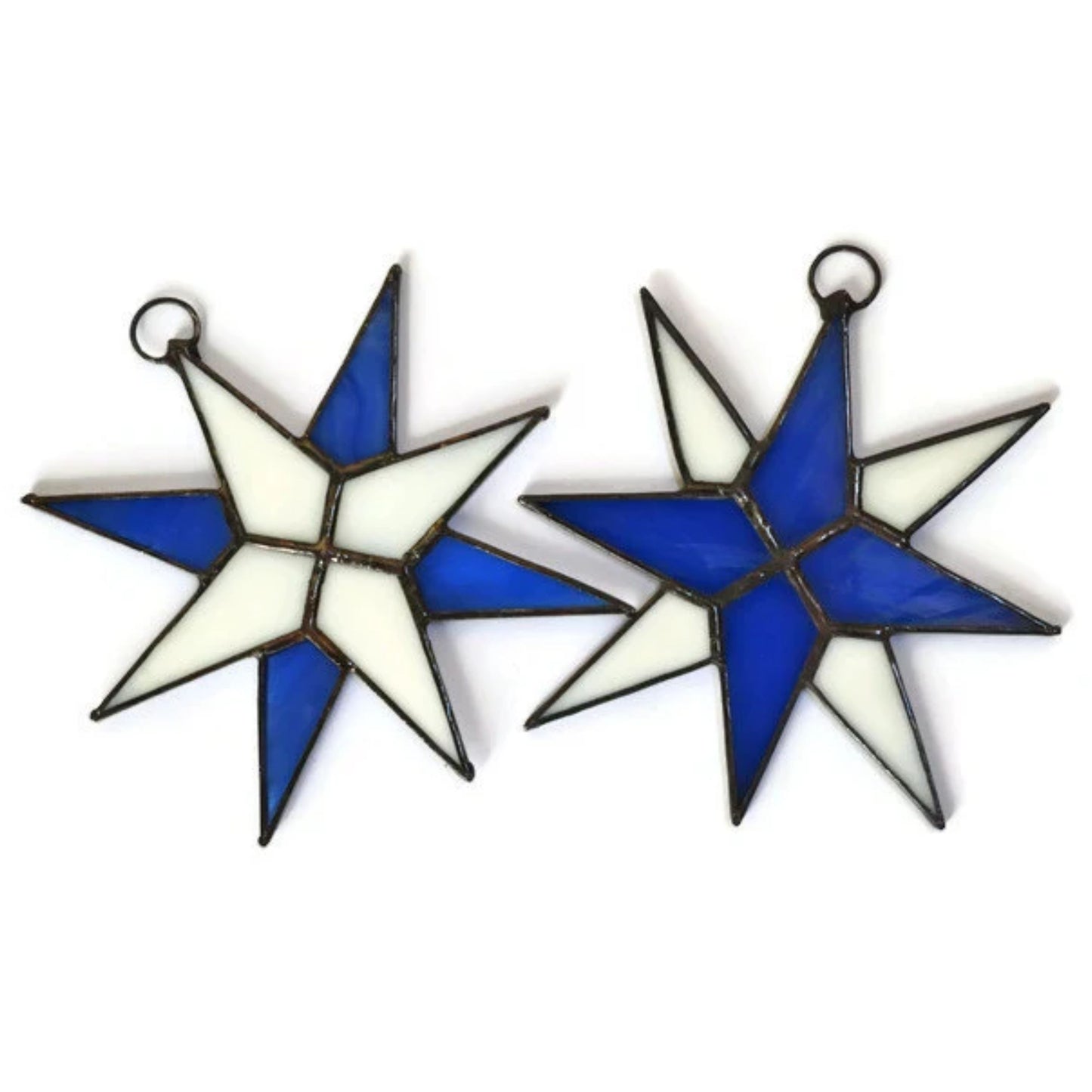 Christmas Star Stained Glass Ornaments Set of 2 Cobalt Blue White