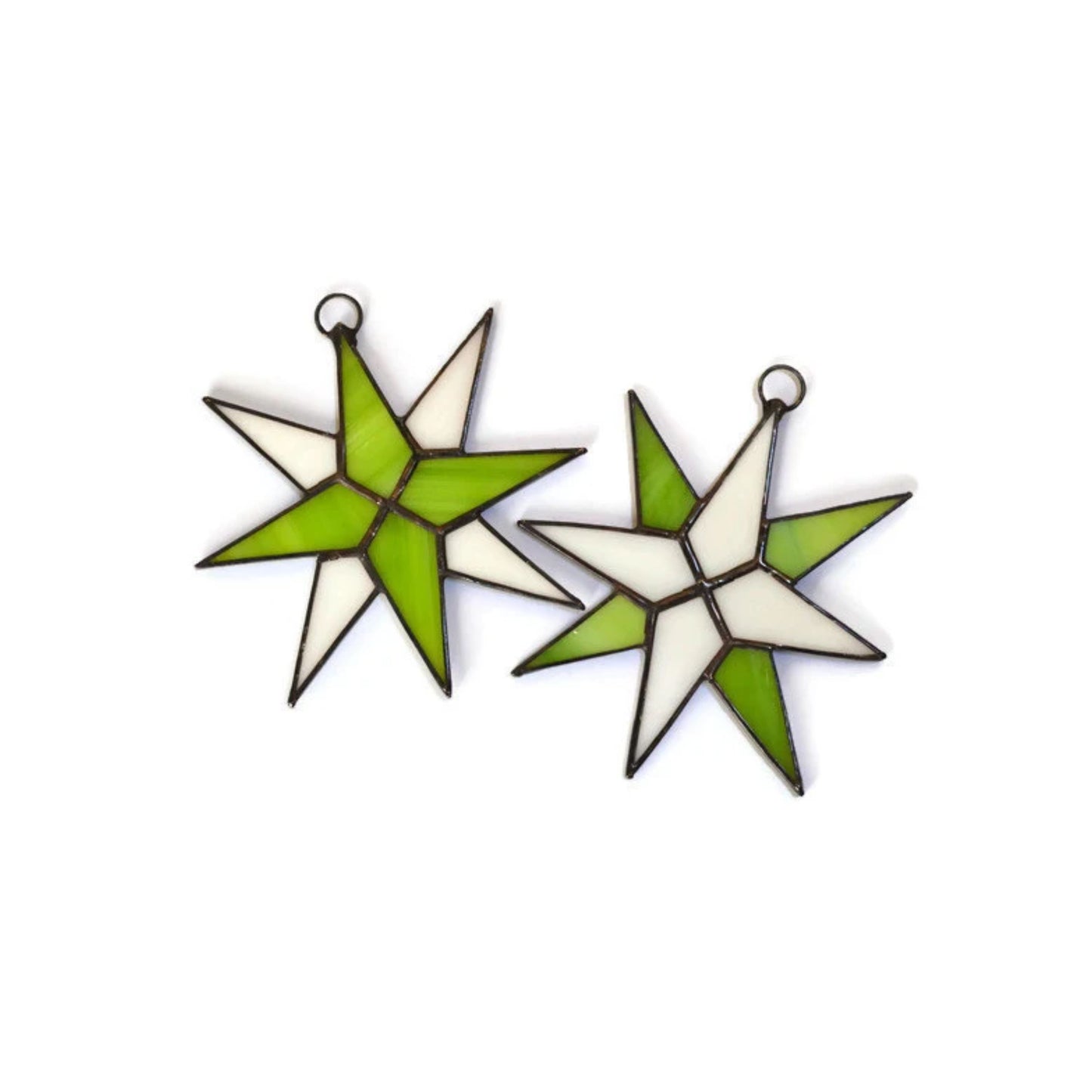 Christmas Star Stained Glass Ornaments Set of 2 Lime White