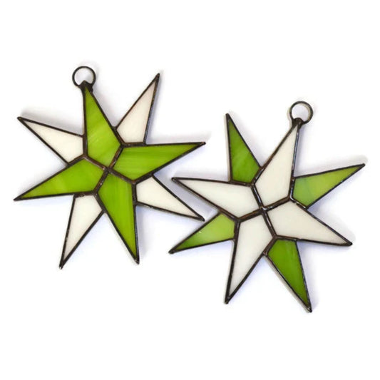 Christmas Star Stained Glass Ornaments Set of 2 Lime White