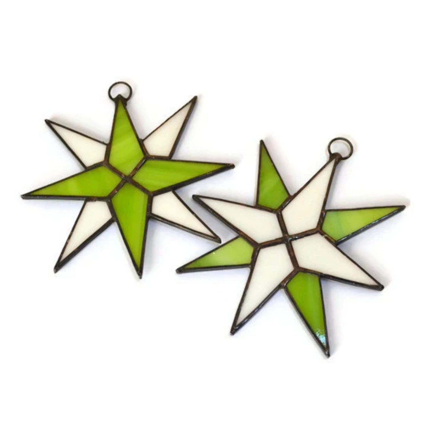 Christmas Star Stained Glass Ornaments Set of 2 Lime White