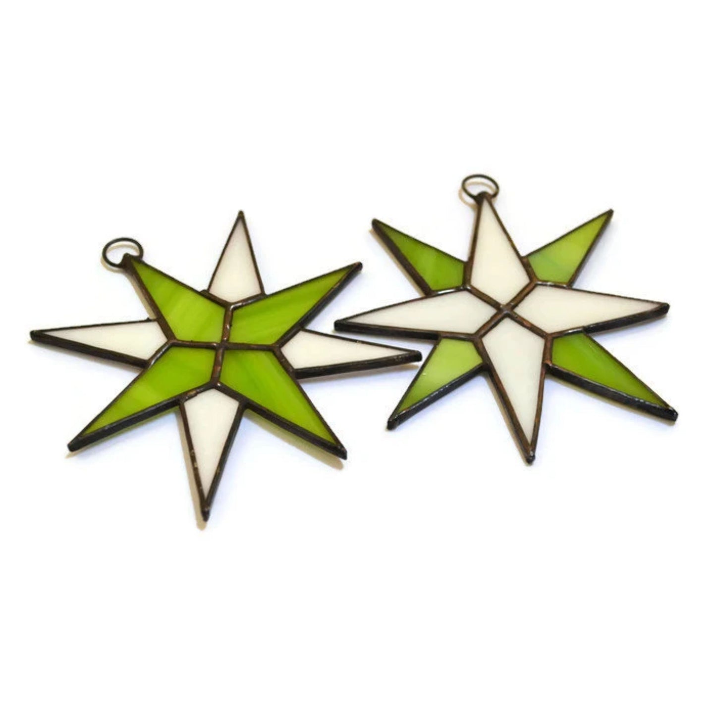 Christmas Star Stained Glass Ornaments Set of 2 Lime White