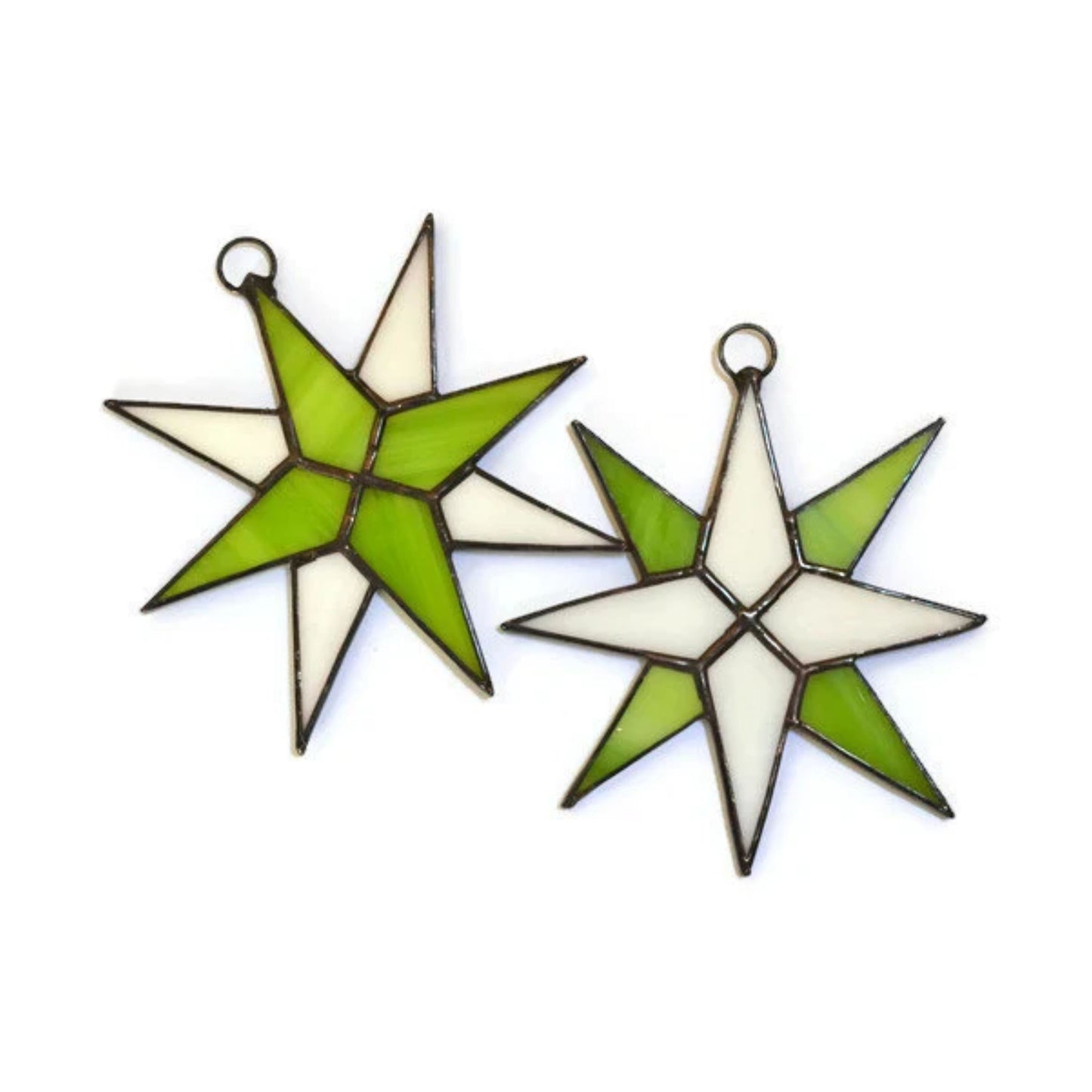 Christmas Star Stained Glass Ornaments Set of 2 Lime White