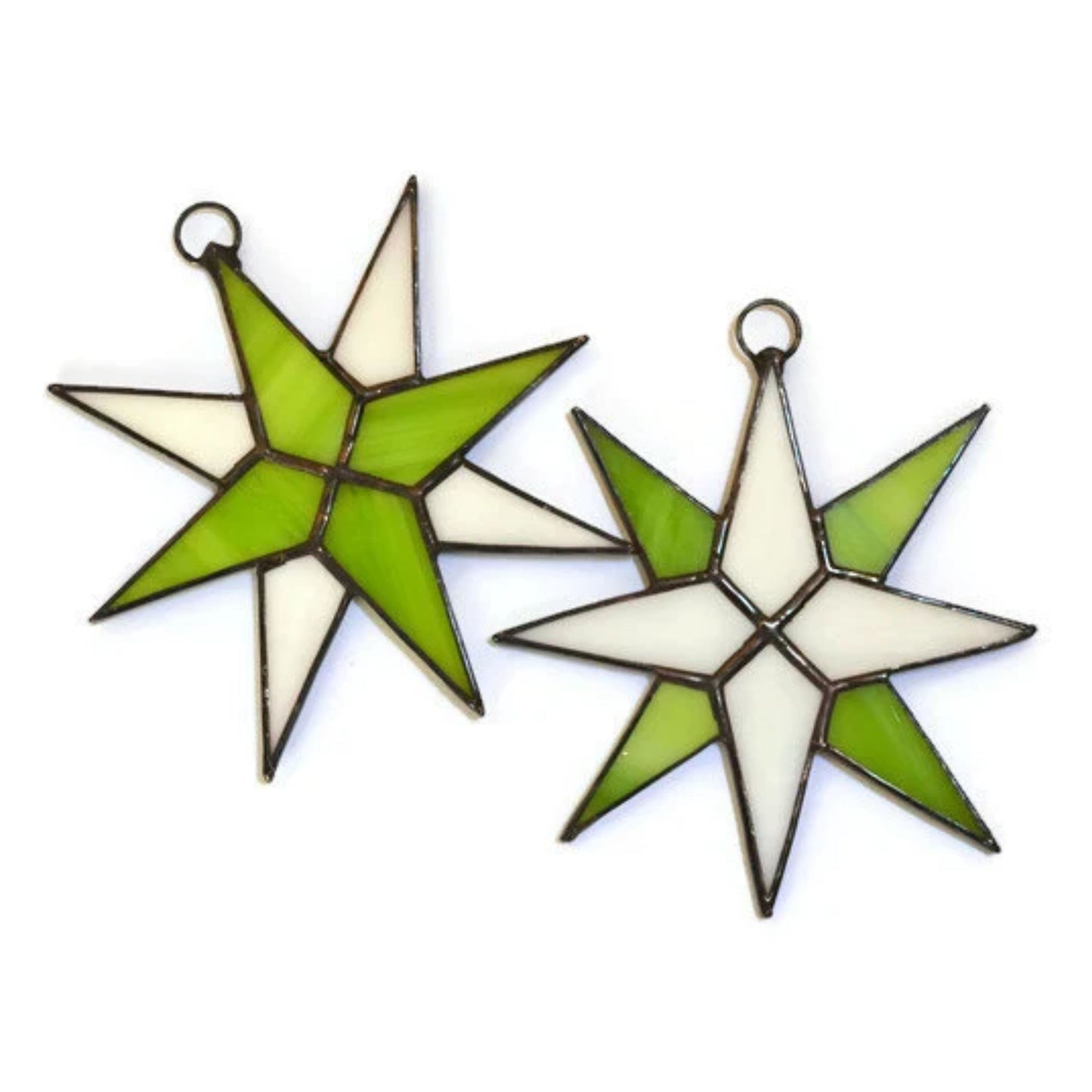 Christmas Star Stained Glass Ornaments Set of 2 Lime White