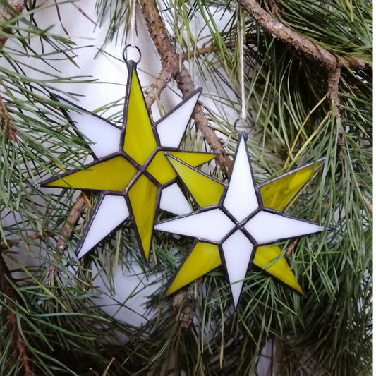 Christmas Star Stained Glass Ornaments Set of 2 Yellow White