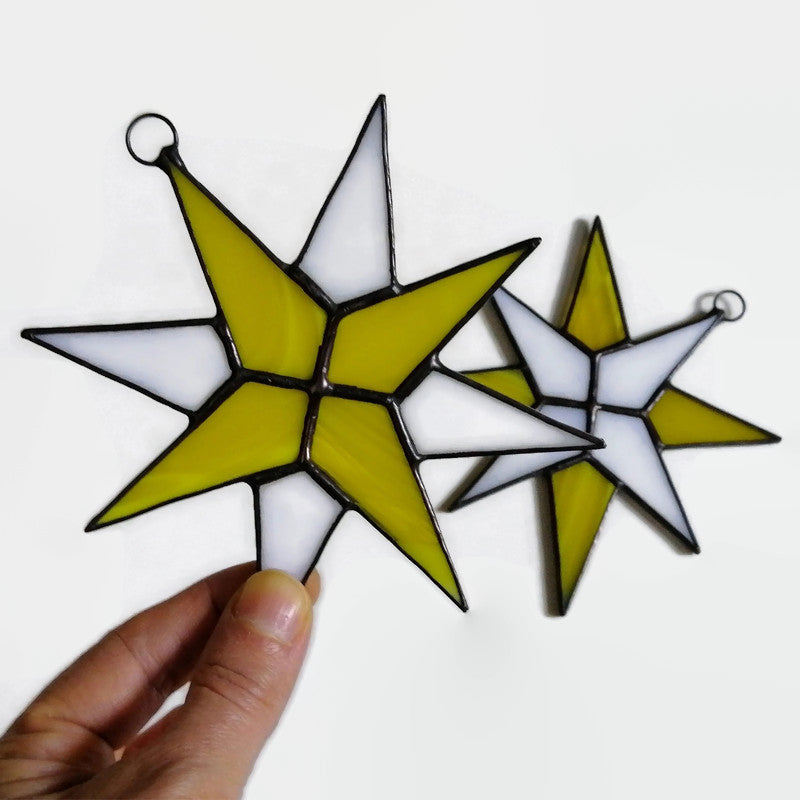 Christmas Star Stained Glass Ornaments Set of 2 Yellow White