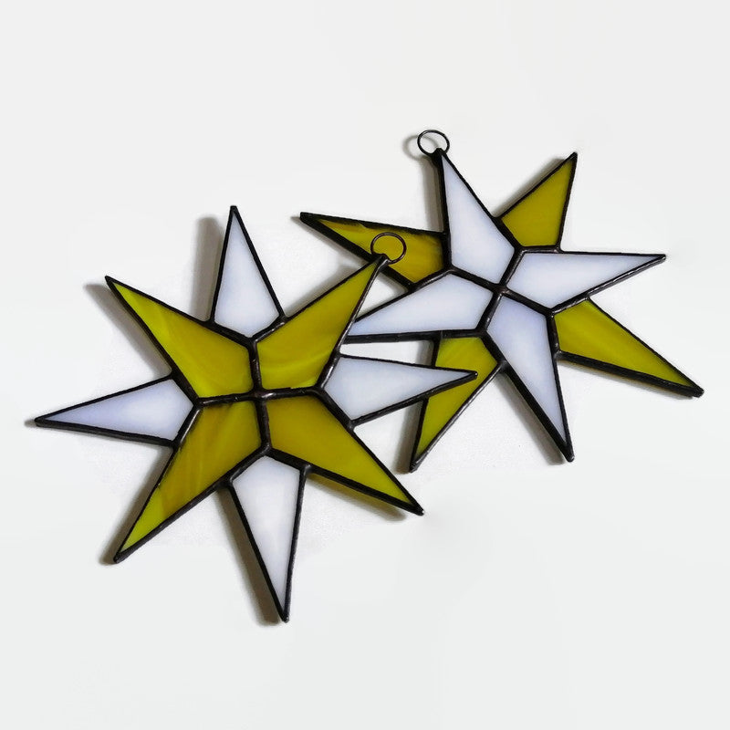 Christmas Star Stained Glass Ornaments Set of 2 Yellow White