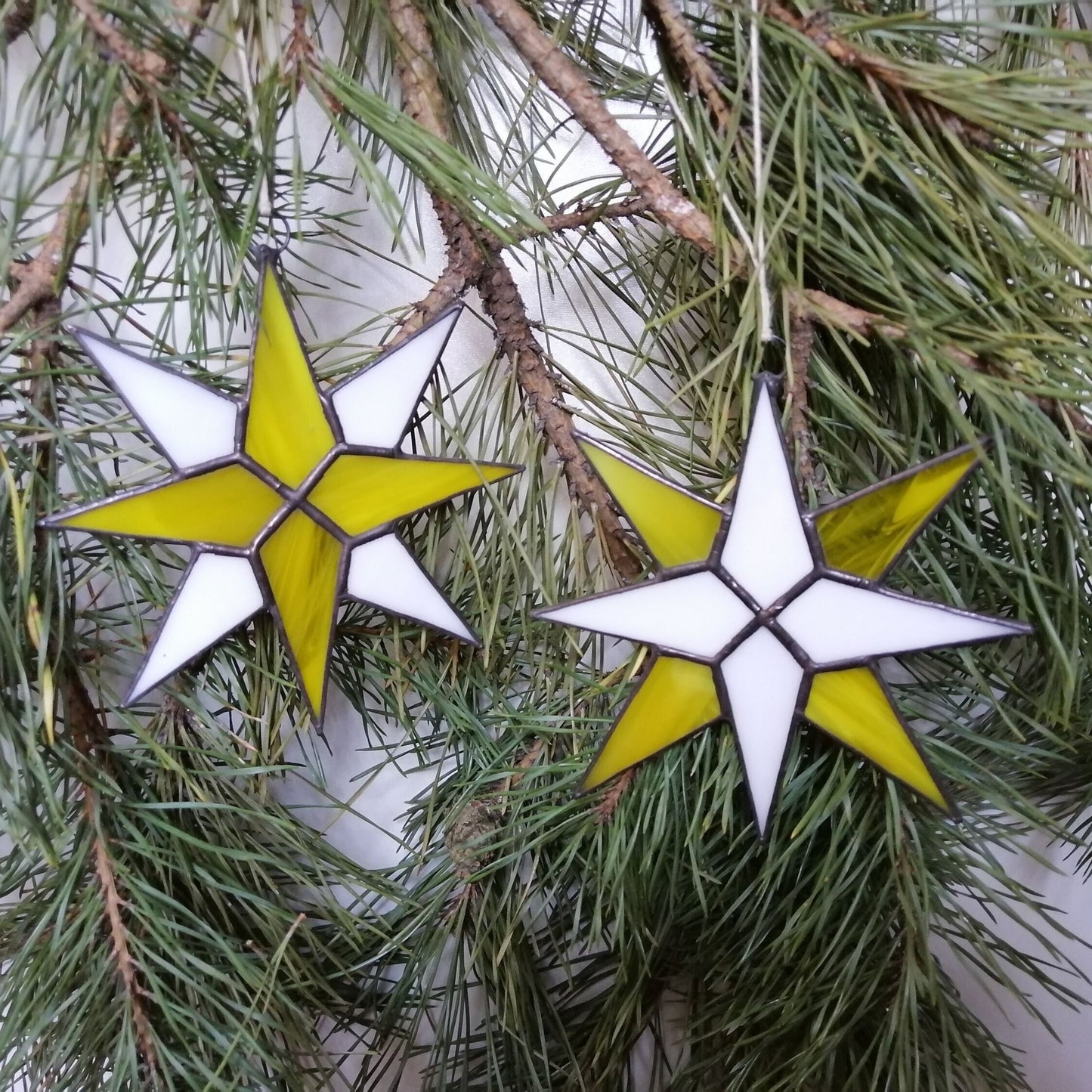 Christmas Star Stained Glass Ornaments Set of 2 Yellow White