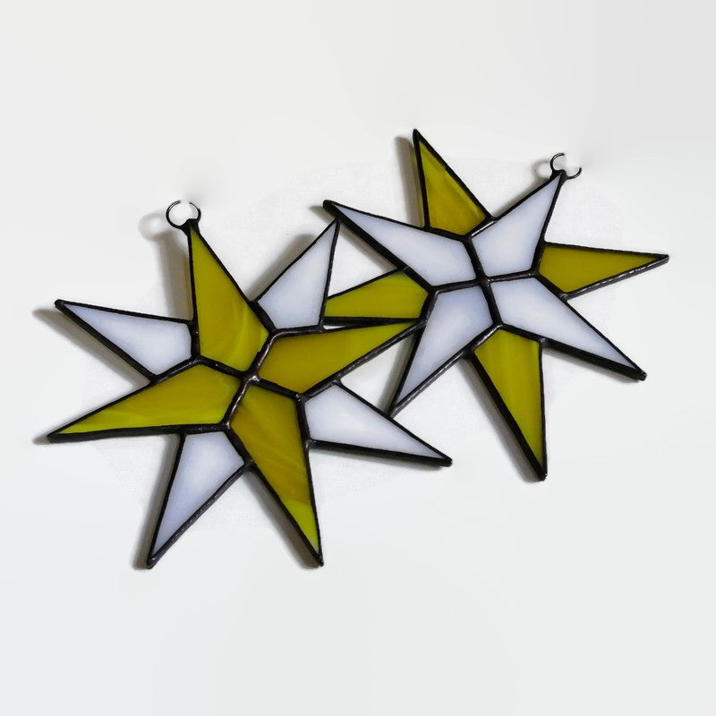 Christmas Star Stained Glass Ornaments Set of 2 Yellow White