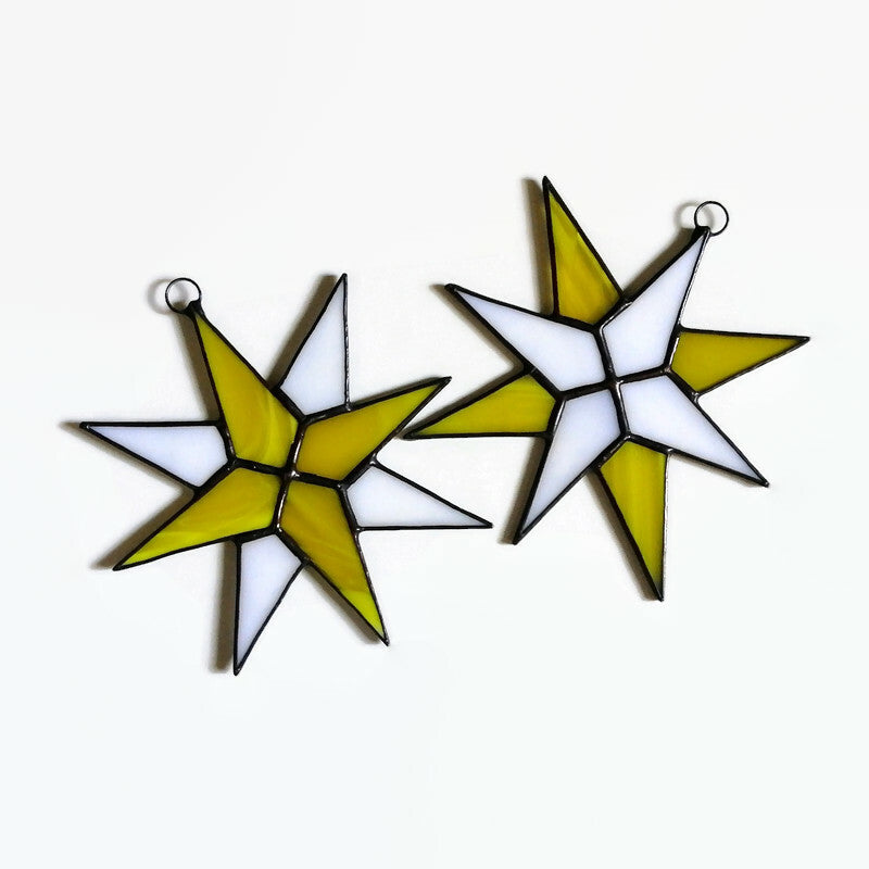 Christmas Star Stained Glass Ornaments Set of 2 Yellow White