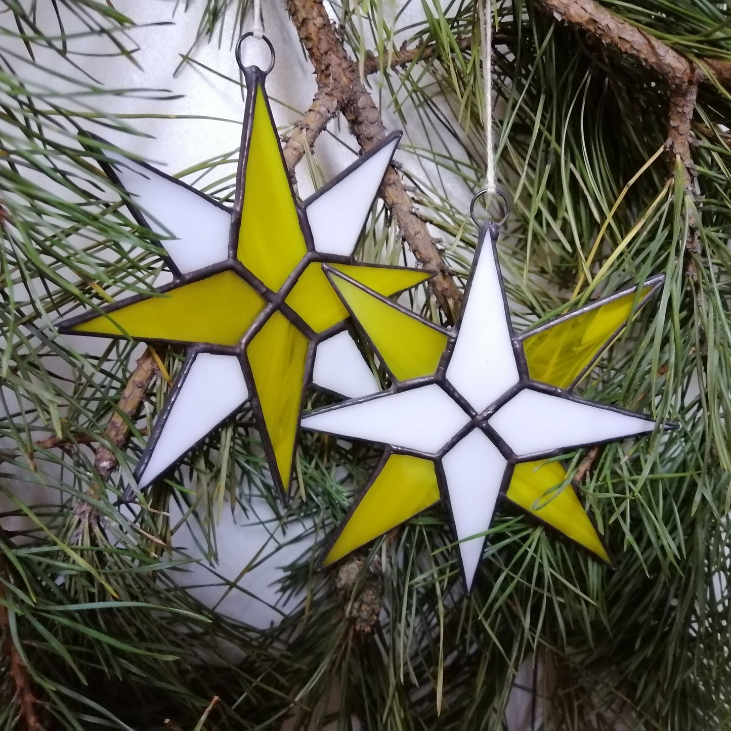 Christmas Star Stained Glass Ornaments Set of 2 Yellow White