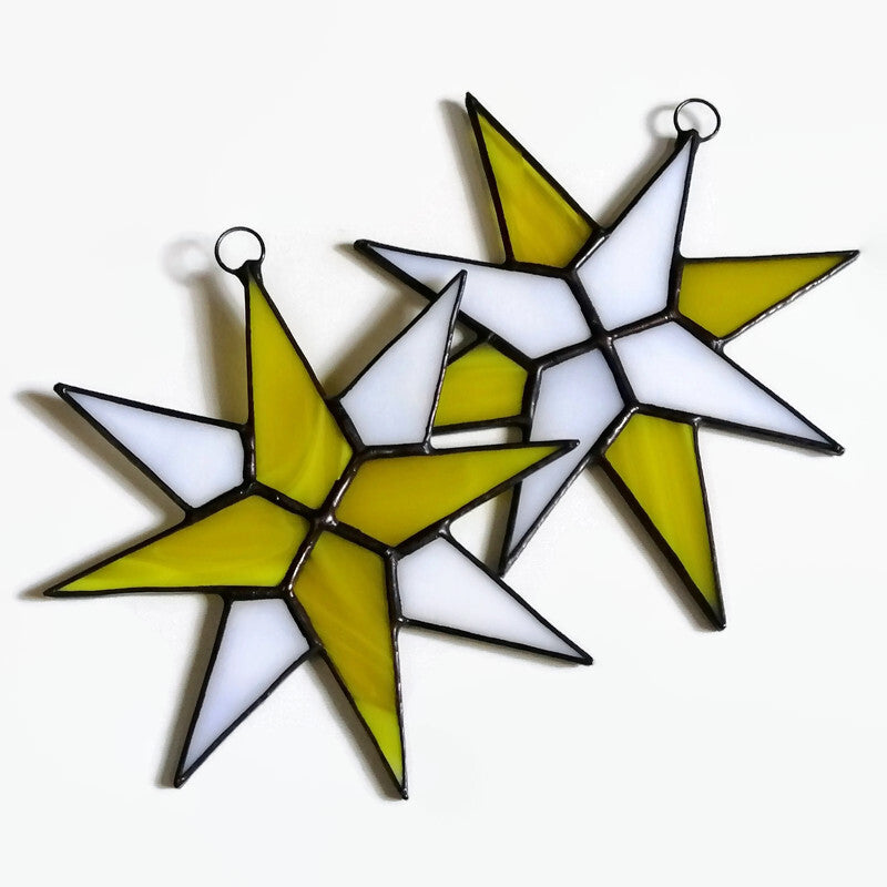 Christmas Star Stained Glass Ornaments Set of 2 Yellow White