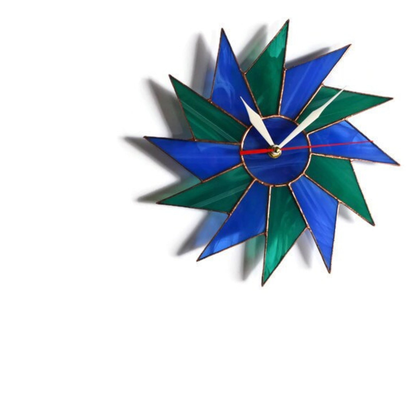 Stained Glass Starburst Wall Clock Blue Teal 10 / 14 Inch