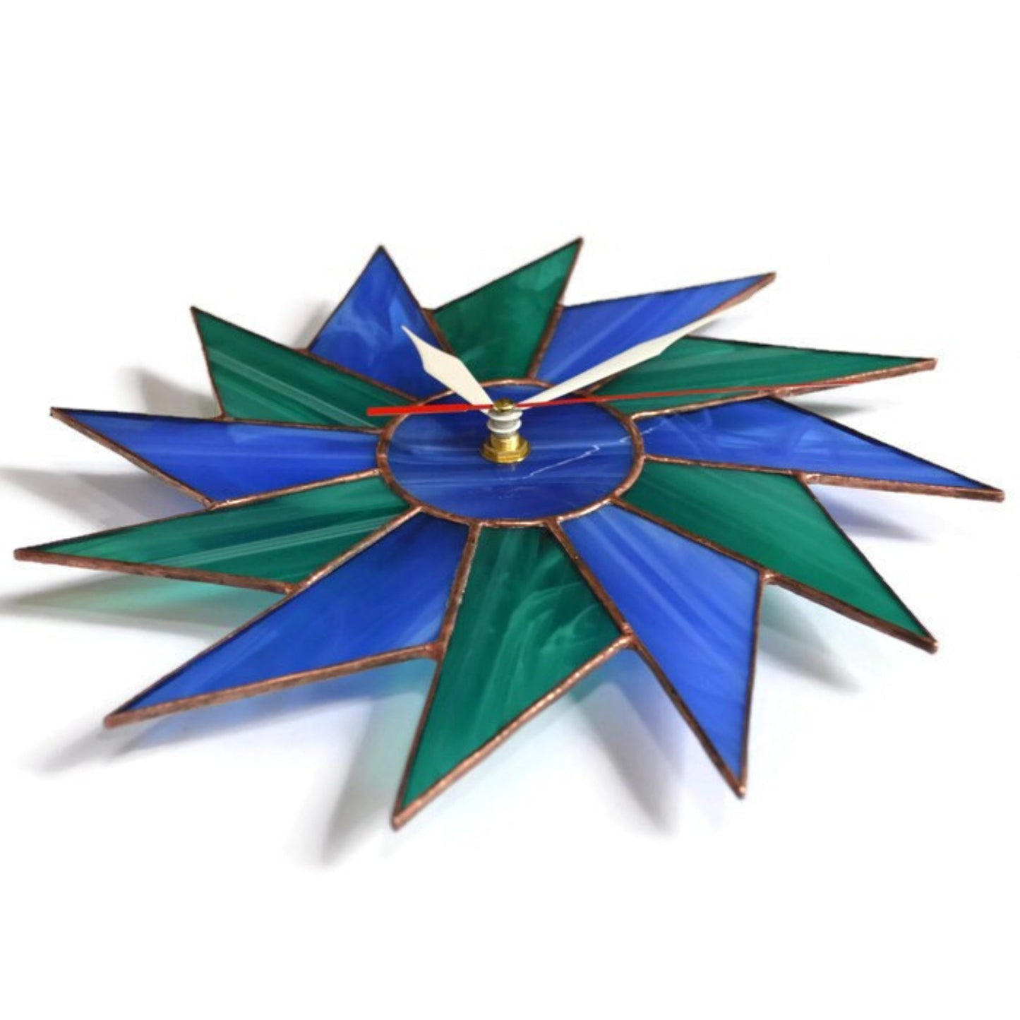 Stained Glass Starburst Wall Clock Blue Teal 10 / 14 Inch