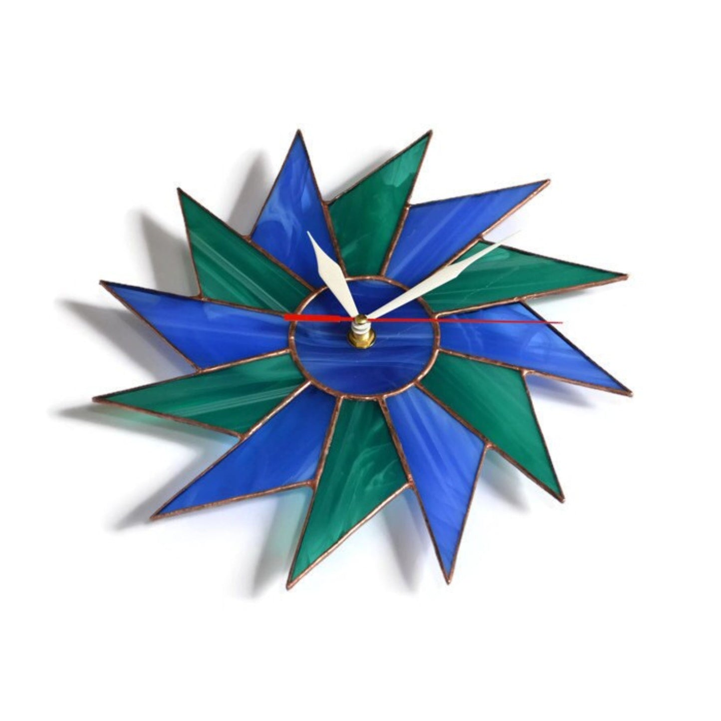 Stained Glass Starburst Wall Clock Blue Teal 10 / 14 Inch