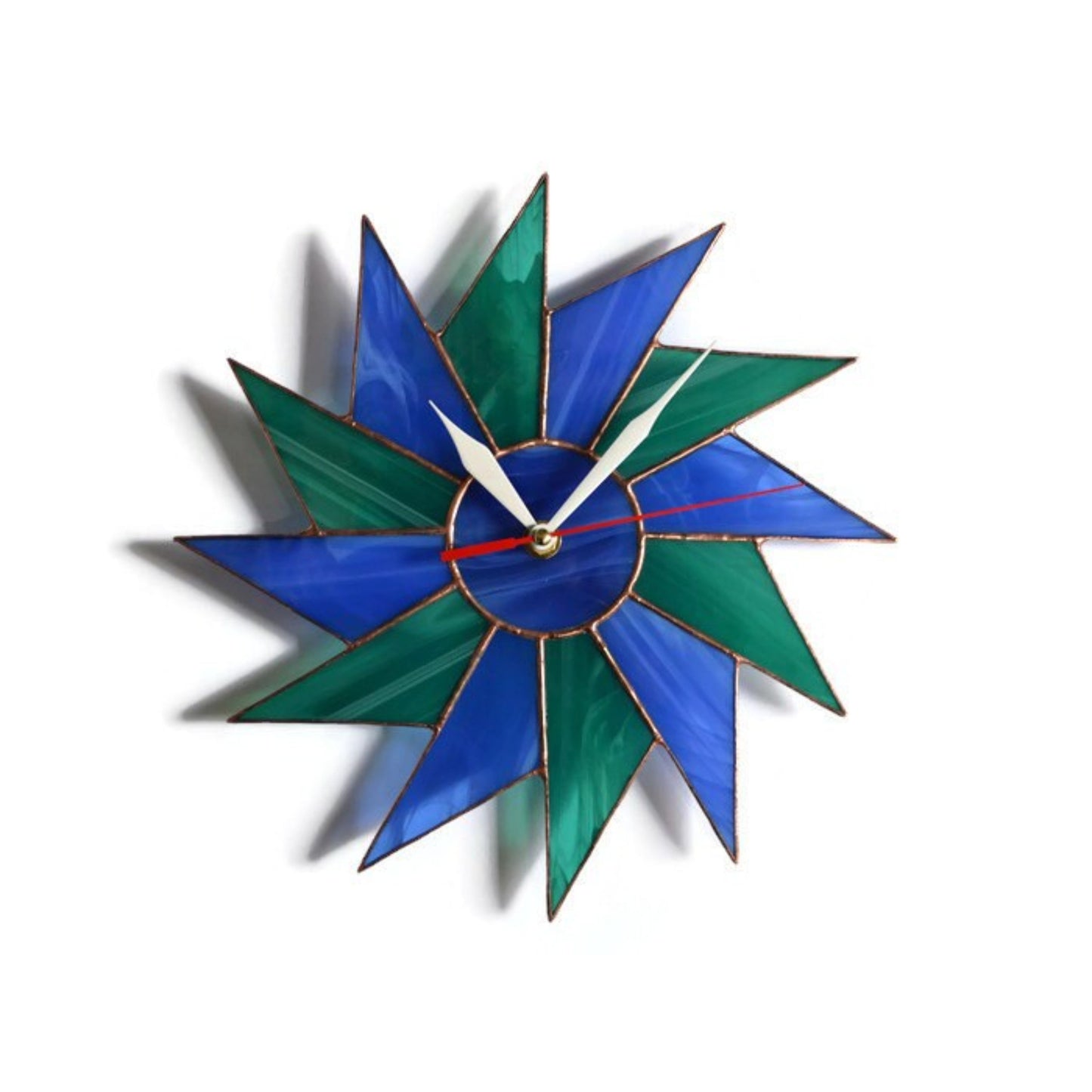 Stained Glass Starburst Wall Clock Blue Teal 10 / 14 Inch