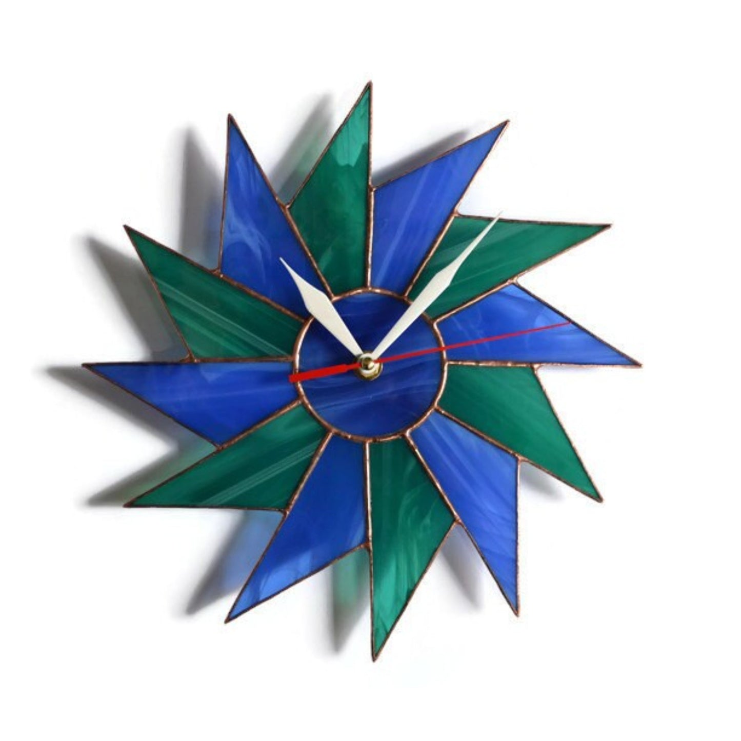 Stained Glass Starburst Wall Clock Blue Teal 10 / 14 Inch