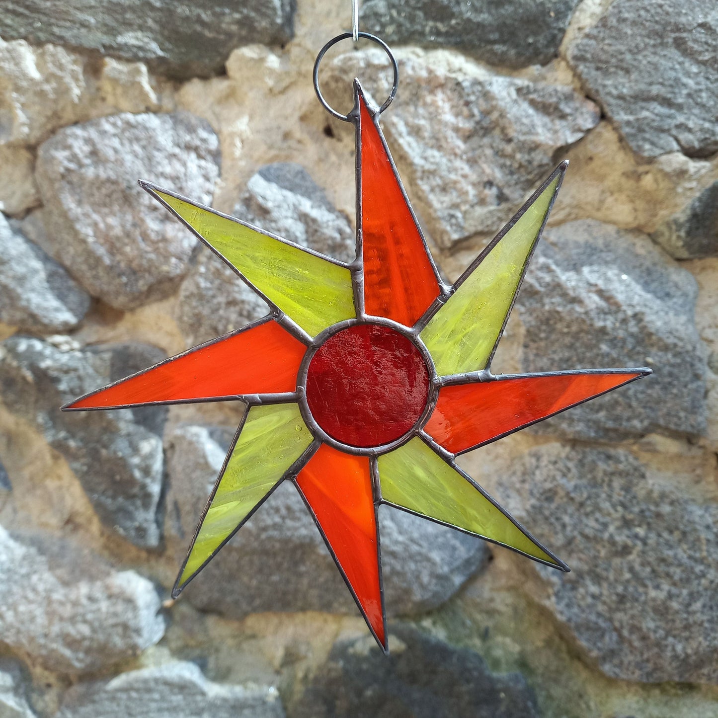 Mid Century Orange & Yellow Sunburst Stained Glass Suncatcher