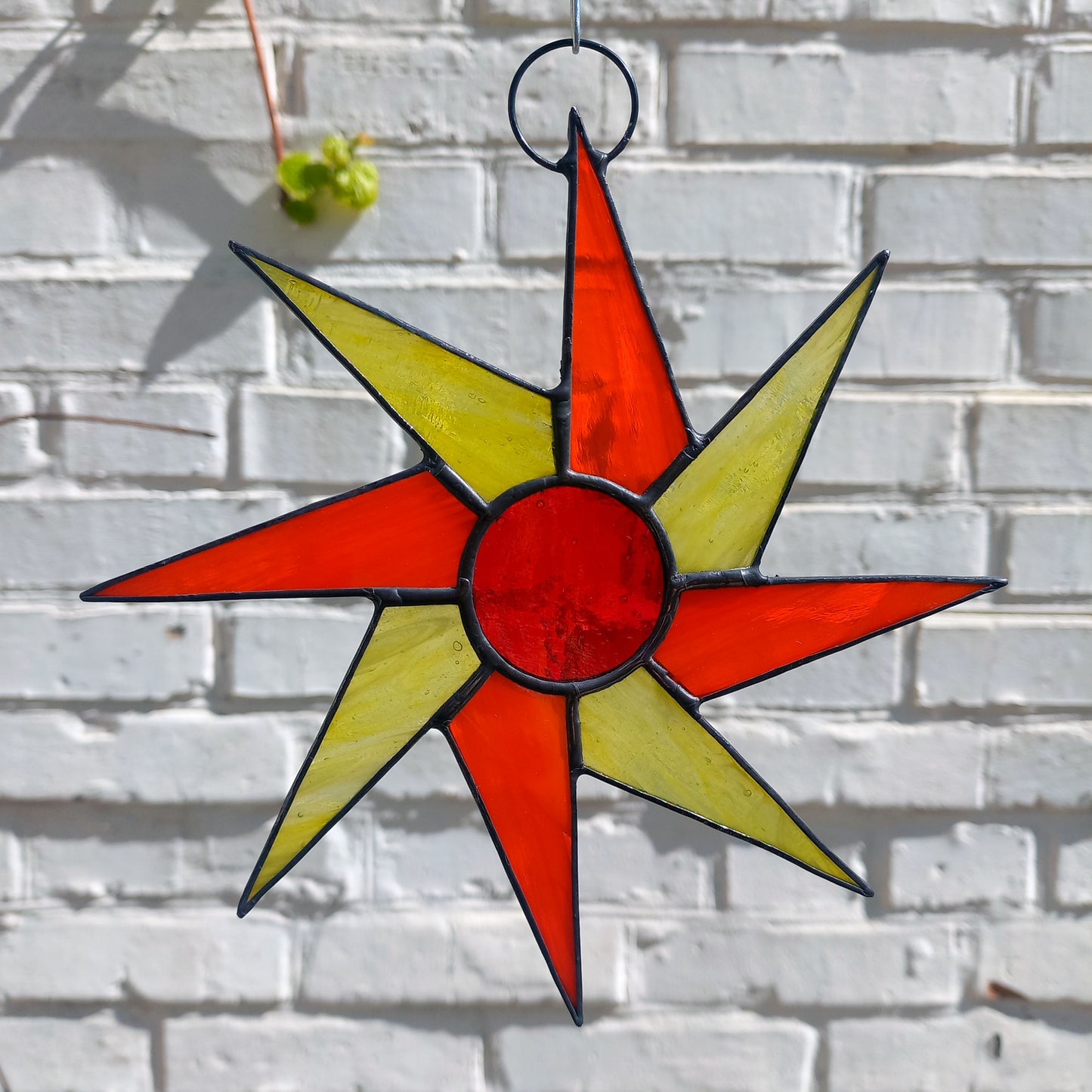 Mid Century Orange & Yellow Sunburst Stained Glass Suncatcher