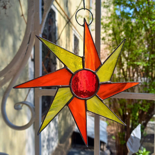 Mid Century Orange & Yellow Sunburst Stained Glass Suncatcher
