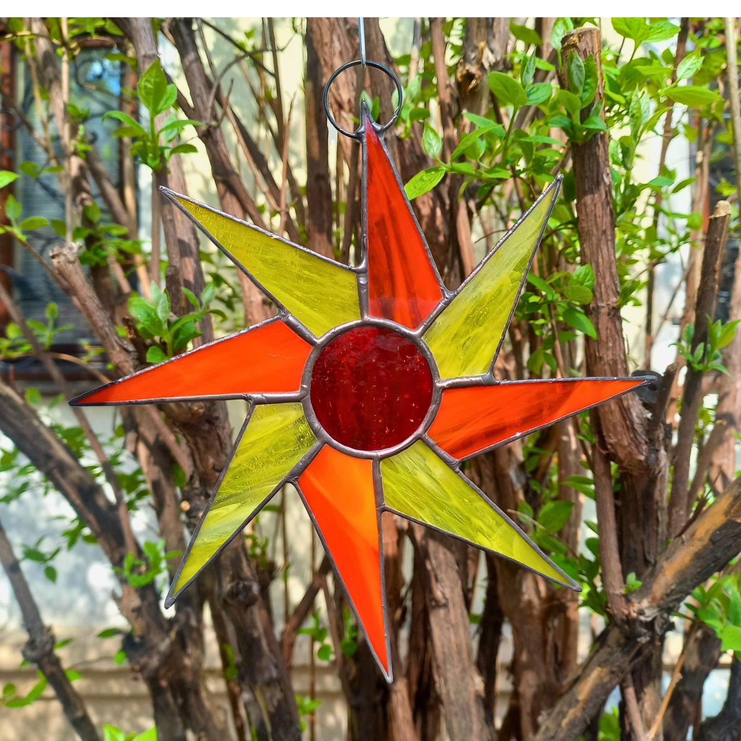Mid Century Orange & Yellow Sunburst Stained Glass Suncatcher