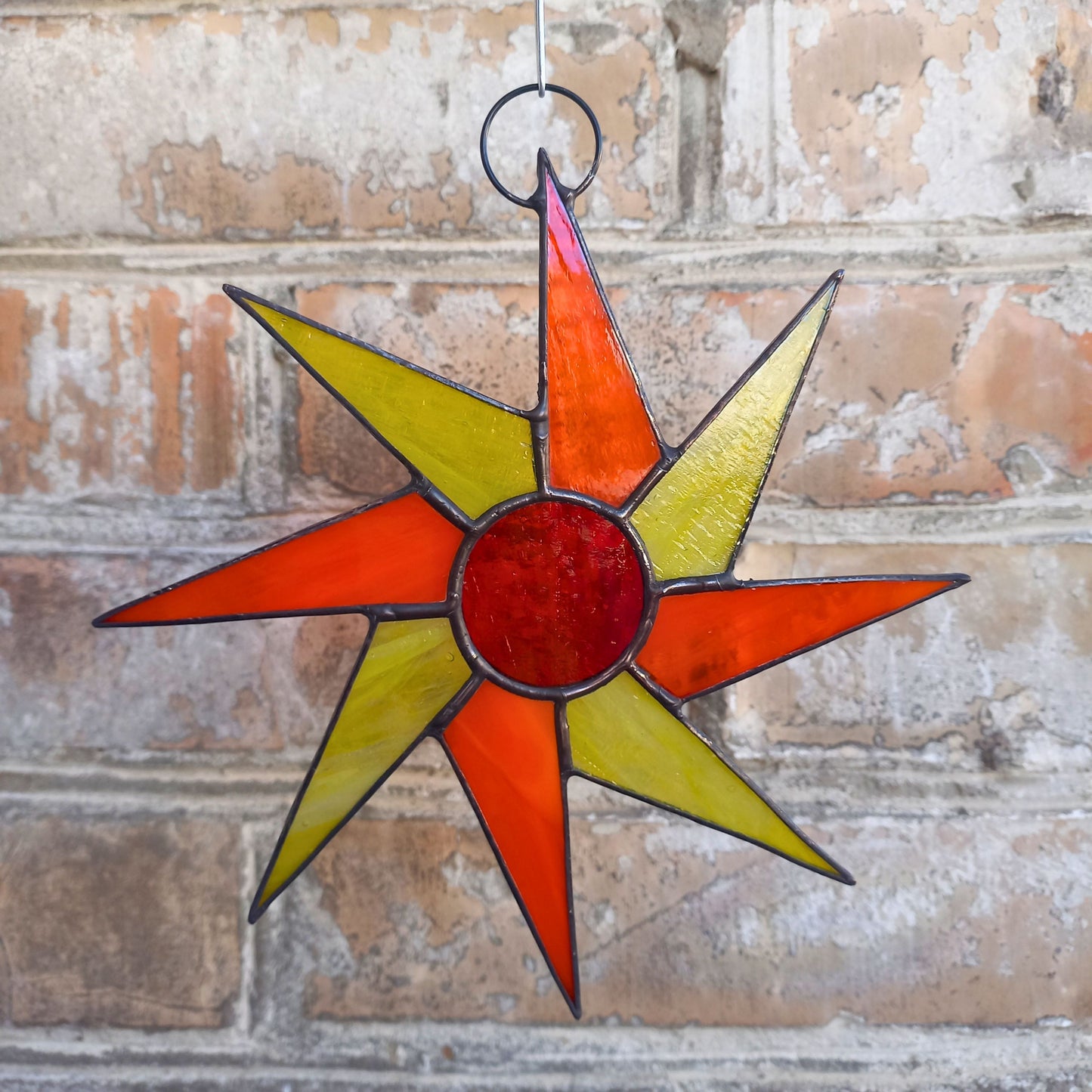 Mid Century Orange & Yellow Sunburst Stained Glass Suncatcher