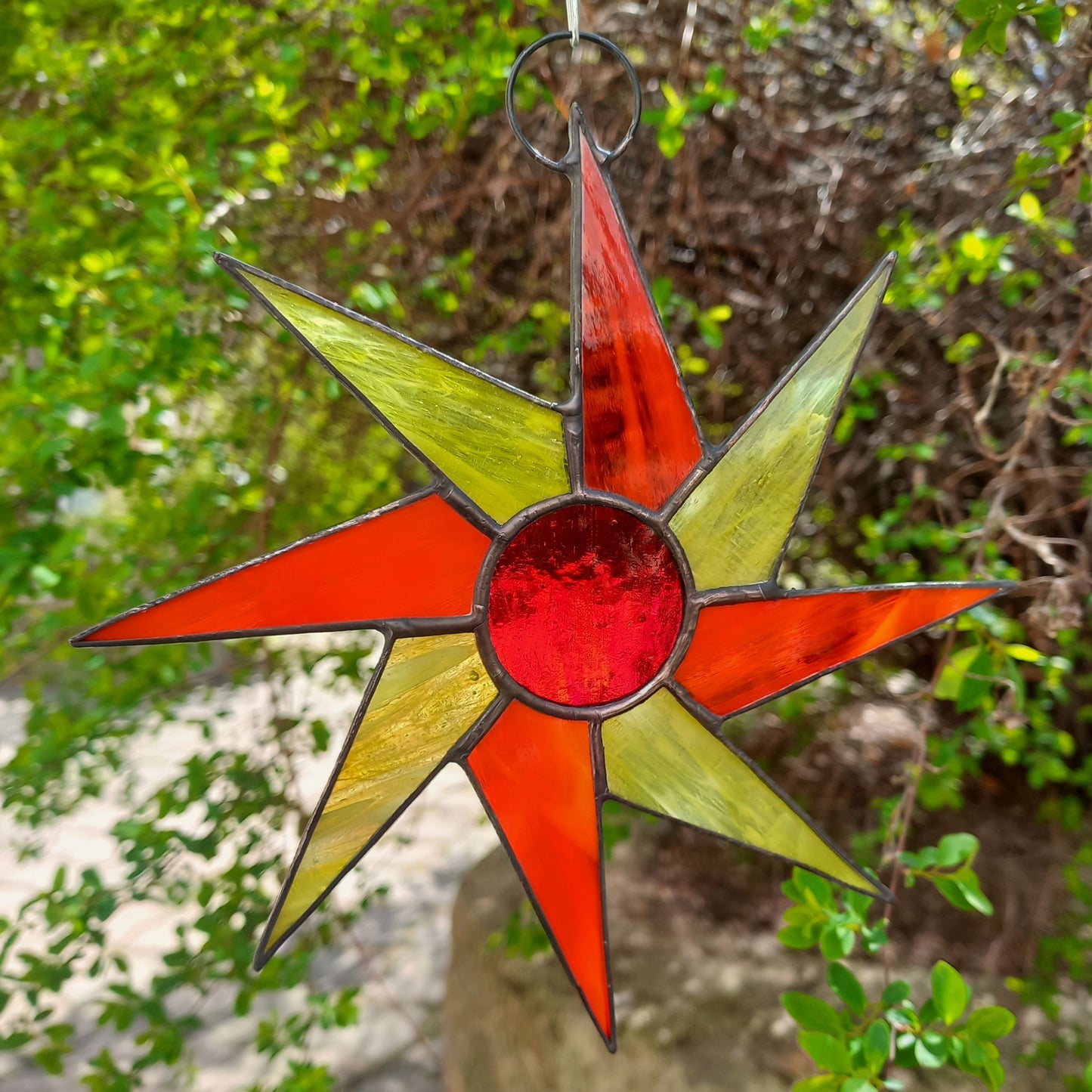 Mid Century Orange & Yellow Sunburst Stained Glass Suncatcher