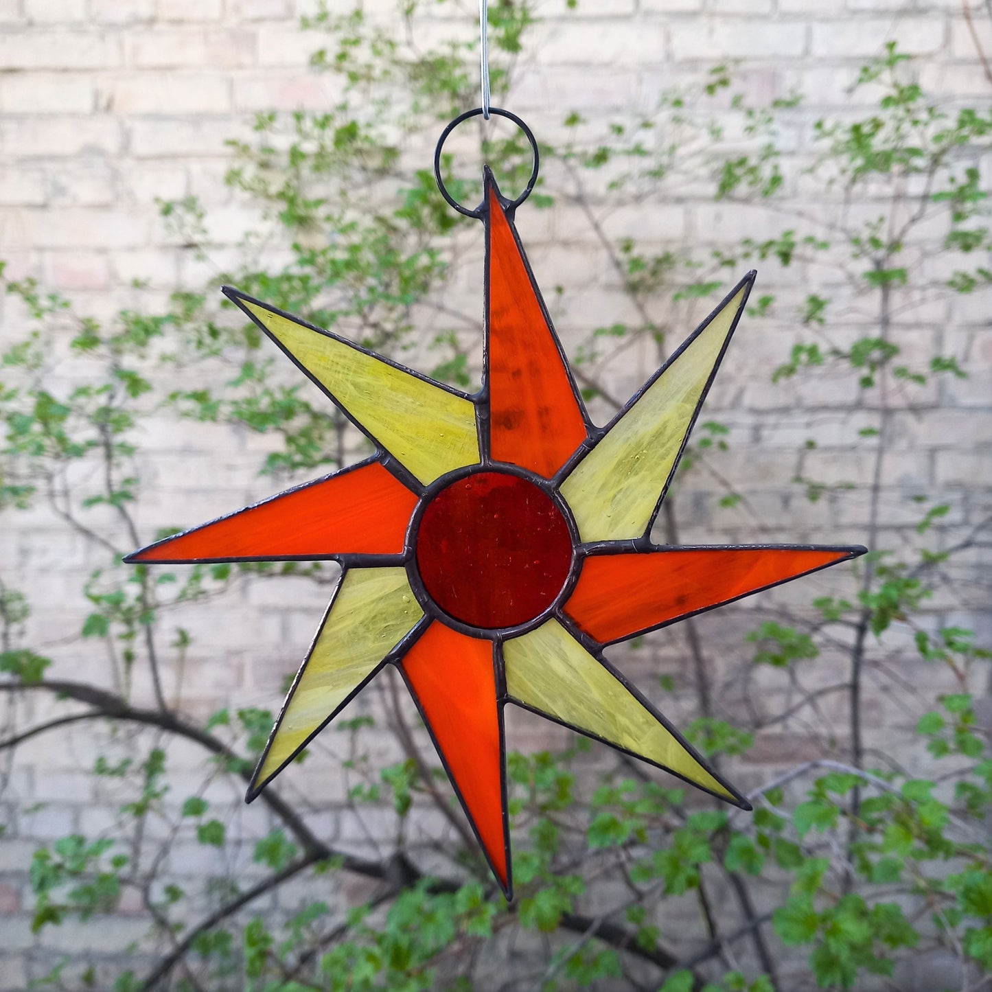 Mid Century Orange & Yellow Sunburst Stained Glass Suncatcher