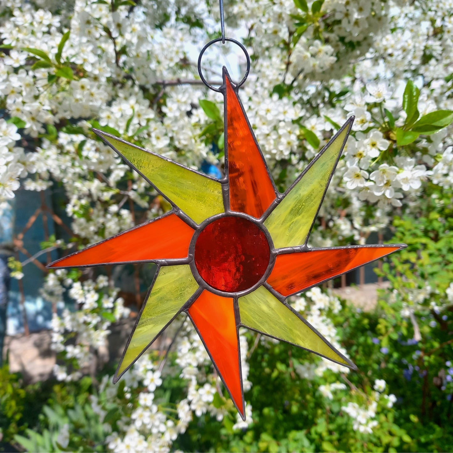 Mid Century Orange & Yellow Sunburst Stained Glass Suncatcher