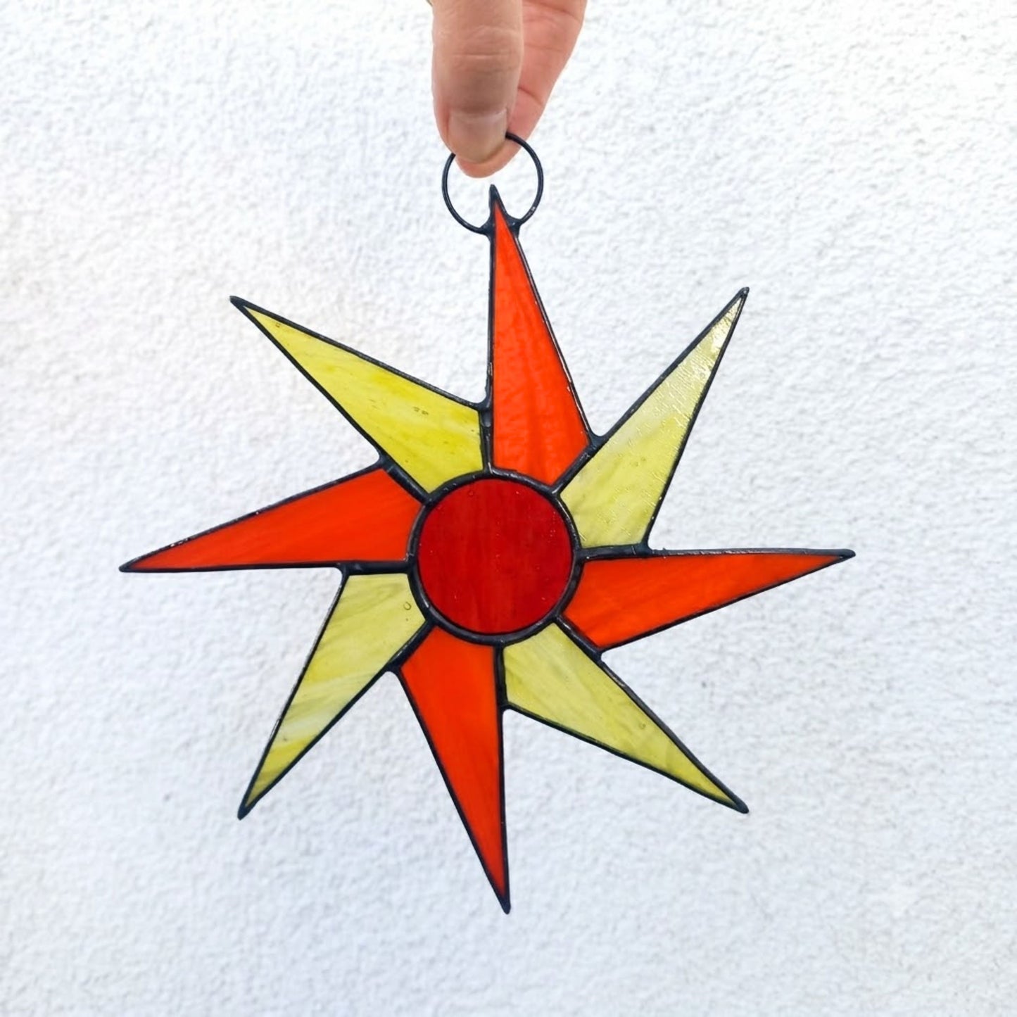 Mid Century Orange & Yellow Sunburst Stained Glass Suncatcher