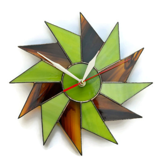 Stained Glass Starburst Wall Clock Lime Green Brown 10 / 12 Inch