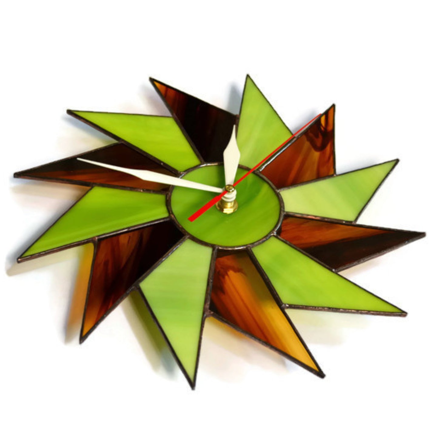 Stained Glass Starburst Wall Clock Lime Green Brown 10 / 12 Inch