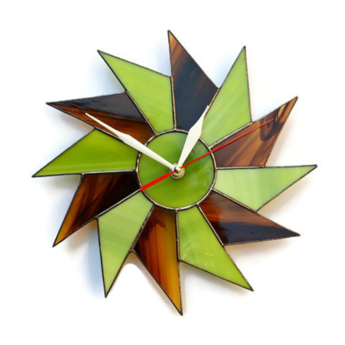 Stained Glass Starburst Wall Clock Lime Green Brown 10 / 12 Inch