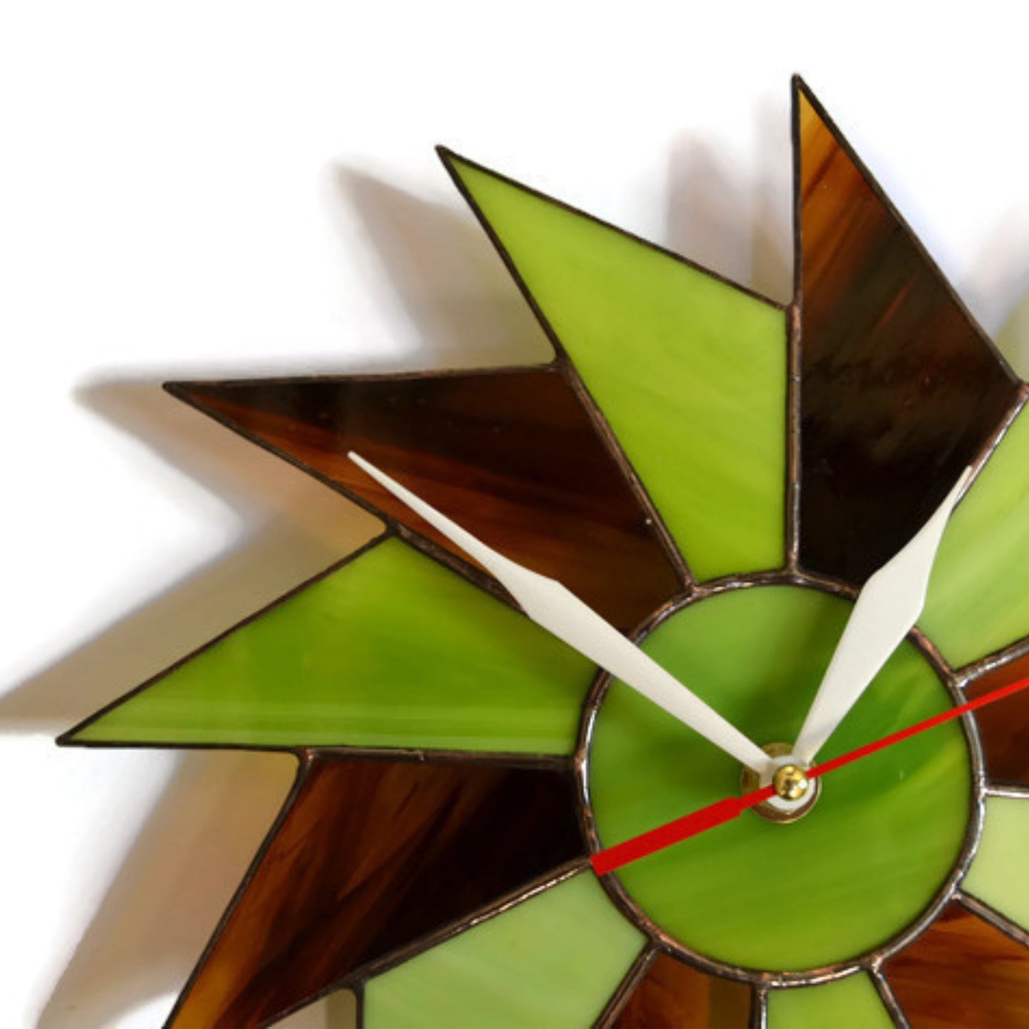 Stained Glass Starburst Wall Clock Lime Green Brown 10 / 12 Inch