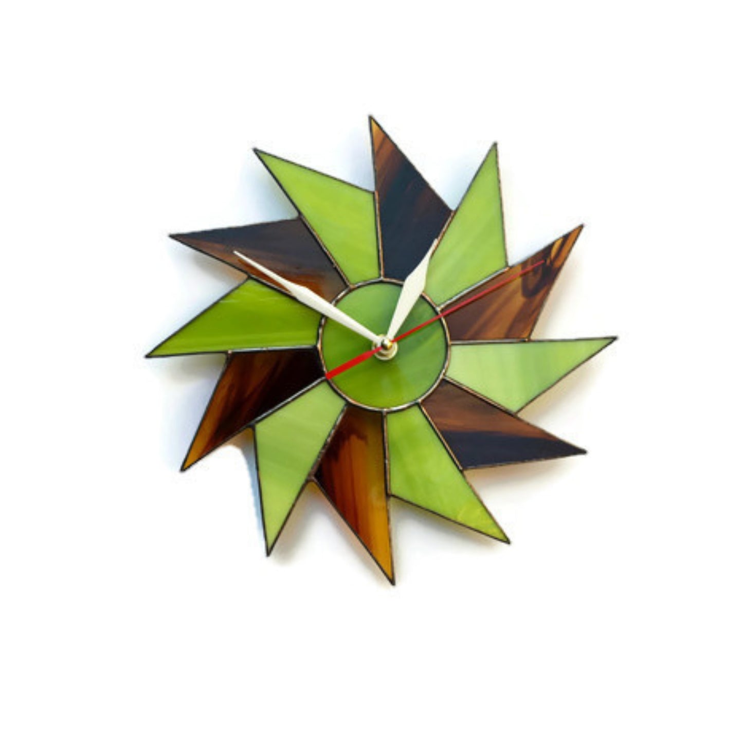 Stained Glass Starburst Wall Clock Lime Green Brown 10 / 12 Inch